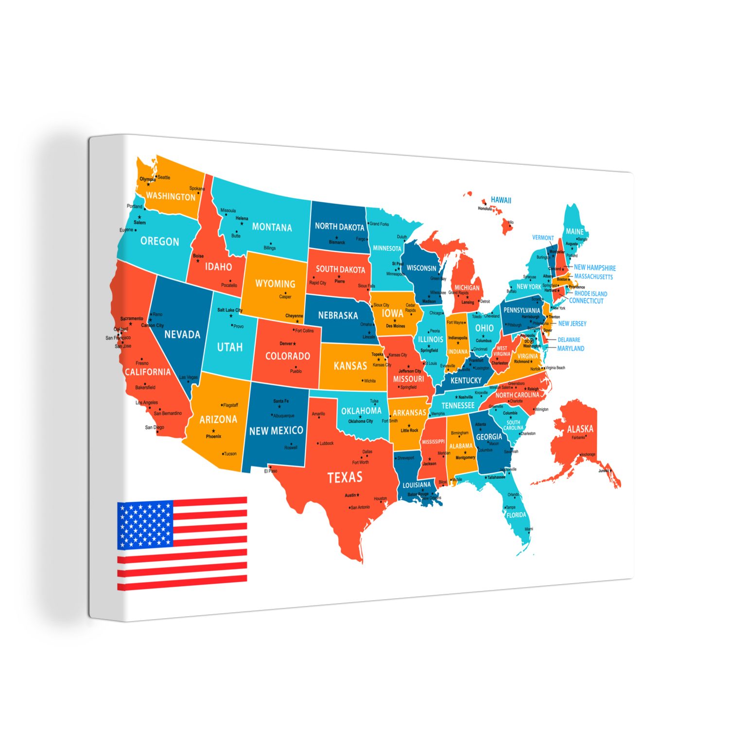 OneMillionCanvasses® Leinwandbild Karte von Amerika in Farbe, (1 St), Leinwand Bilder Klein, Wand Dekoration Aesthetic 30x20 cm