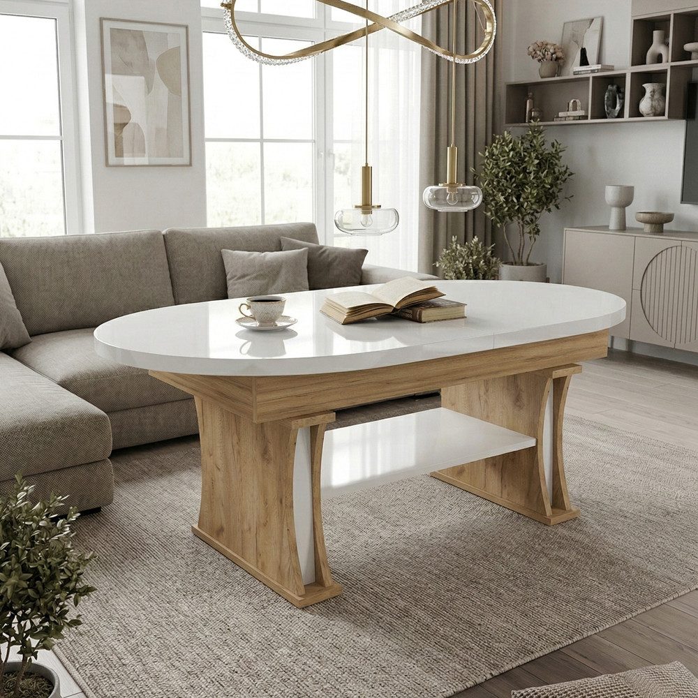 designimpex Couchtisch DA-130 oval ausziehbar höhenverstellbar mit Ablage Wohnzimmer Tisch, Funktionstisch, Wohnzimmertisch, Tisch, Esstisch, Sofatisch, Rollen