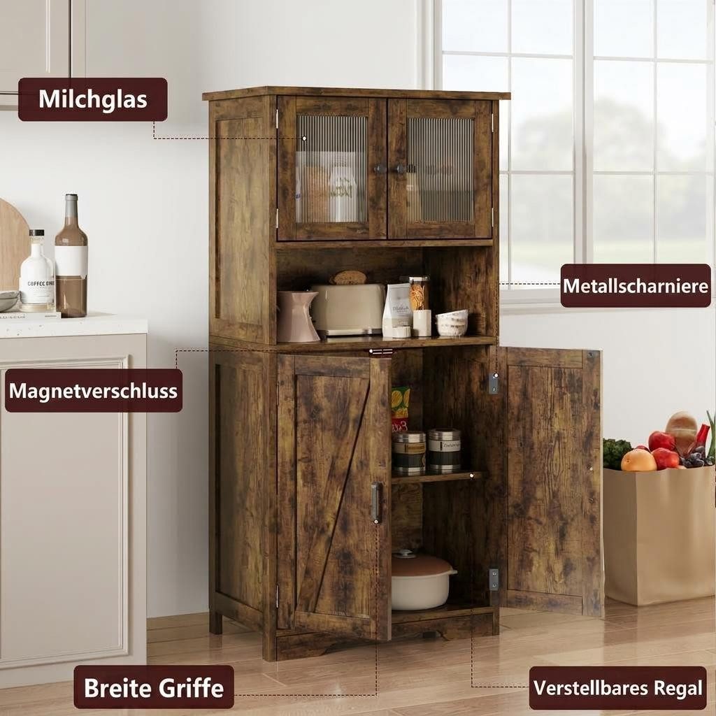 GarveeMore Hochschrank mit 4 Türen,Hochschrank Buffetschrank mit verstellbarem Einlegeboden Vitrinenschrank mit 4 Fächer für Küche Wohnzimmer Badezimmer,128cm