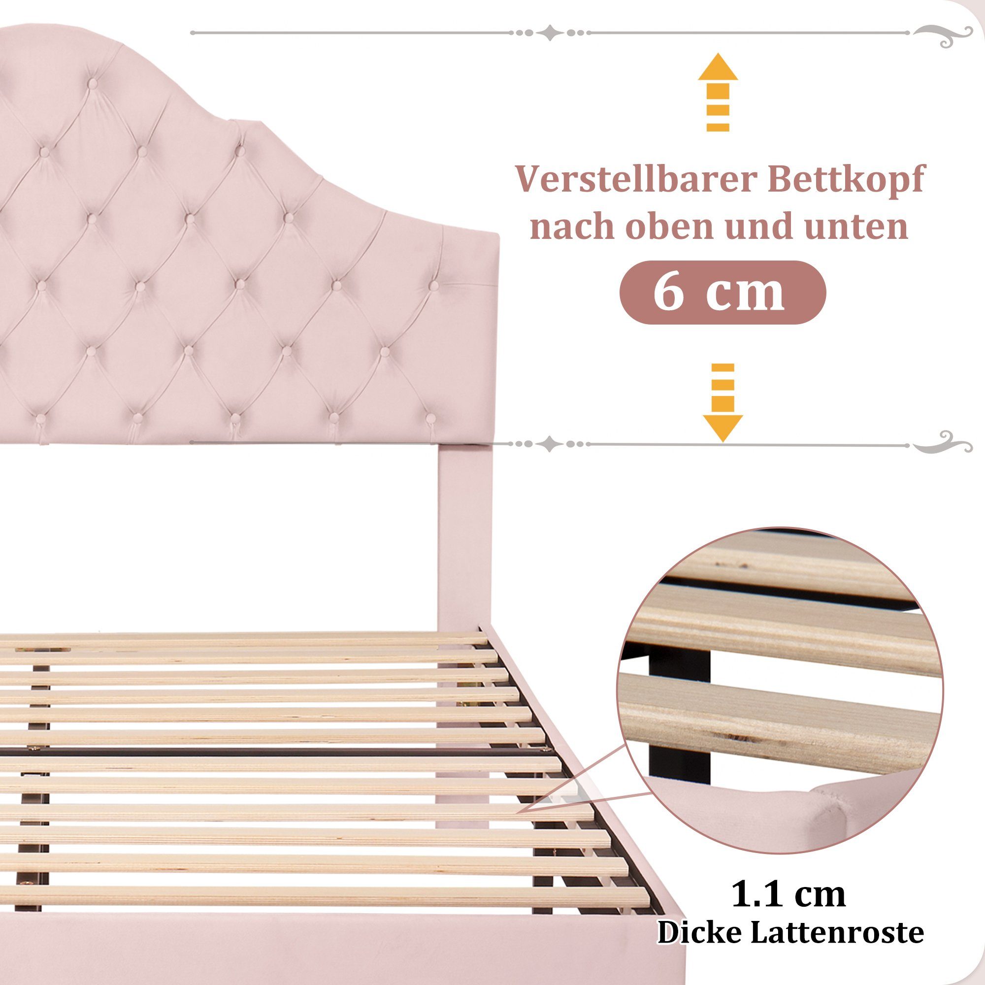 Polsterbett, Samt Doppelbett mit Lattenrost, höhenverstellbarem Kopfteil, 140x200cm