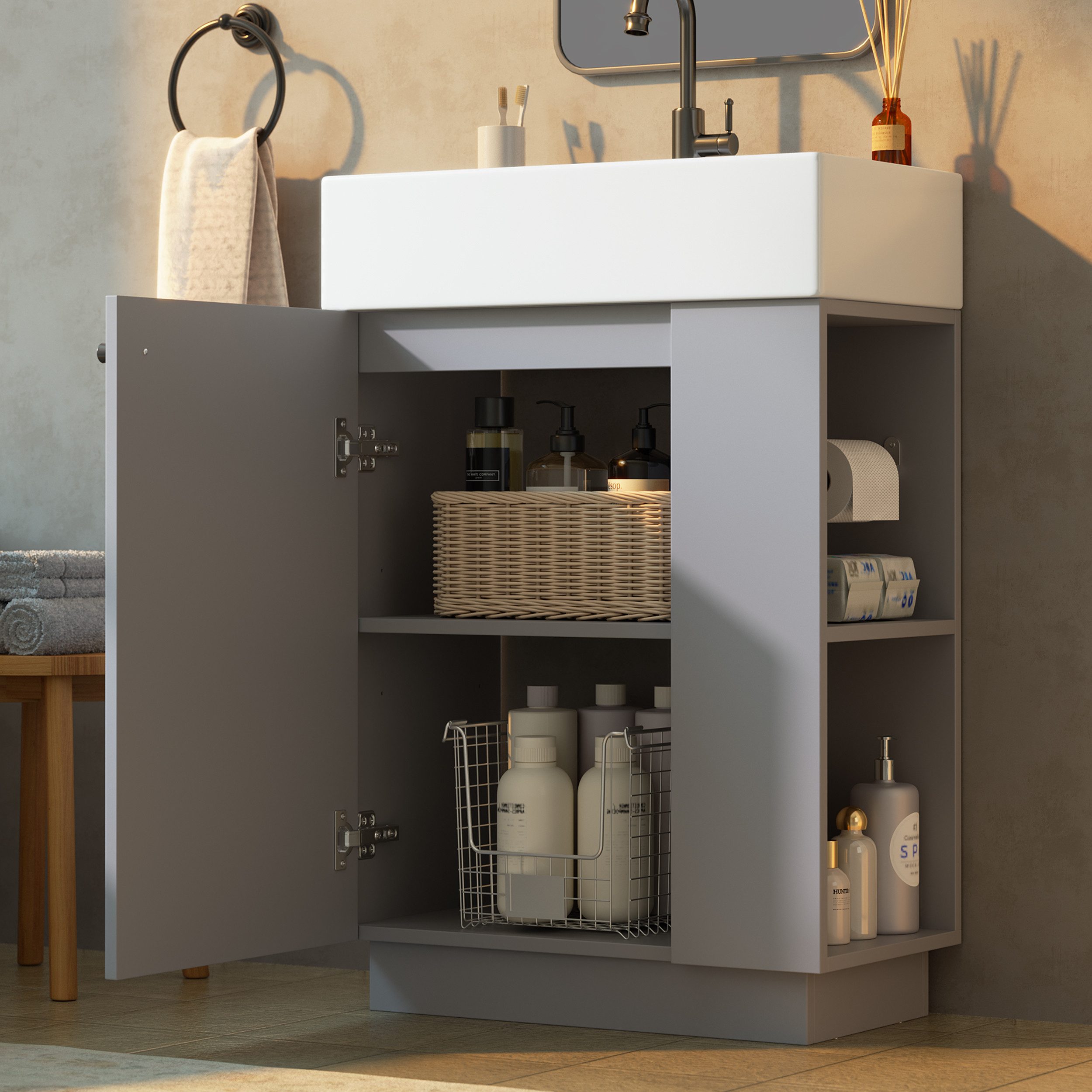 Merax Waschtisch mit Waschbecken, Badmöbel freistehend, geriffelte Holzoptik (55×32×87cm, 1-St., Unterschrank ohne Wasserhahn), Badzimmerschrank mit Soft-Close Tür, Stauraum & Toilettenpapierhalter