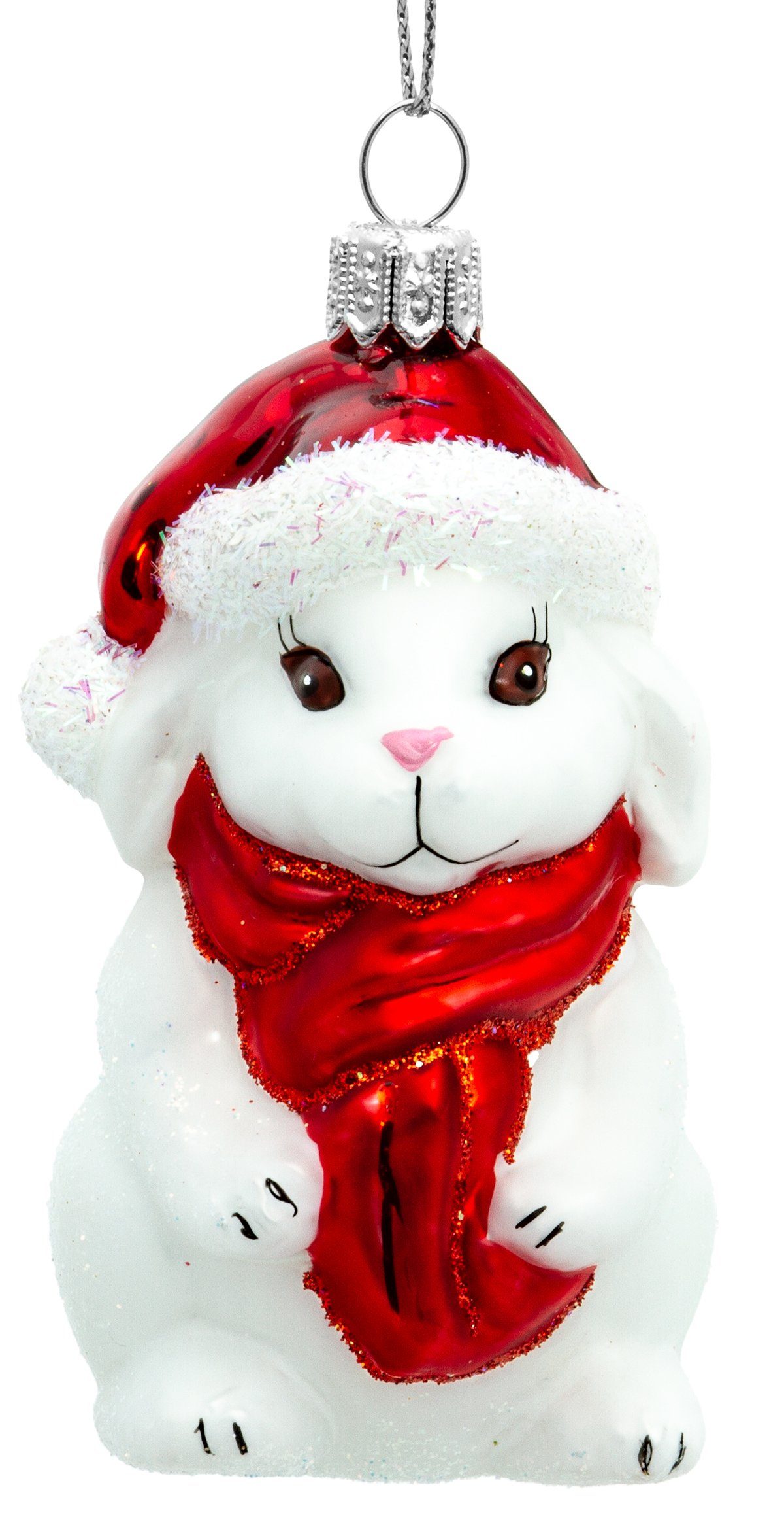 SIKORA Christbaumschmuck BS711 Hase mit Weihnachtsmütze Glas Figur Weihnachtsbaum Anhänger - Premium Line weiß