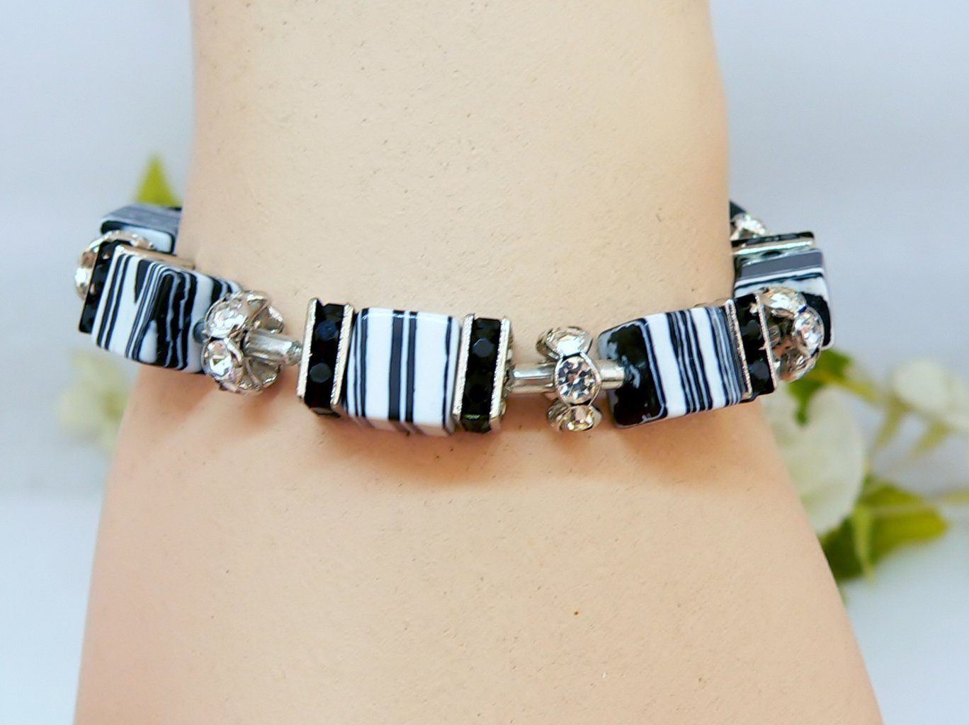 traumschmuck Armband 216o-a Armband Edelstein Würfel Malachit schwarz weiß Strass (Geschenk, Muttertag, Weihnachten, Geburtstag, Valentinstag, inkl Schmuckbox), Made in Germany