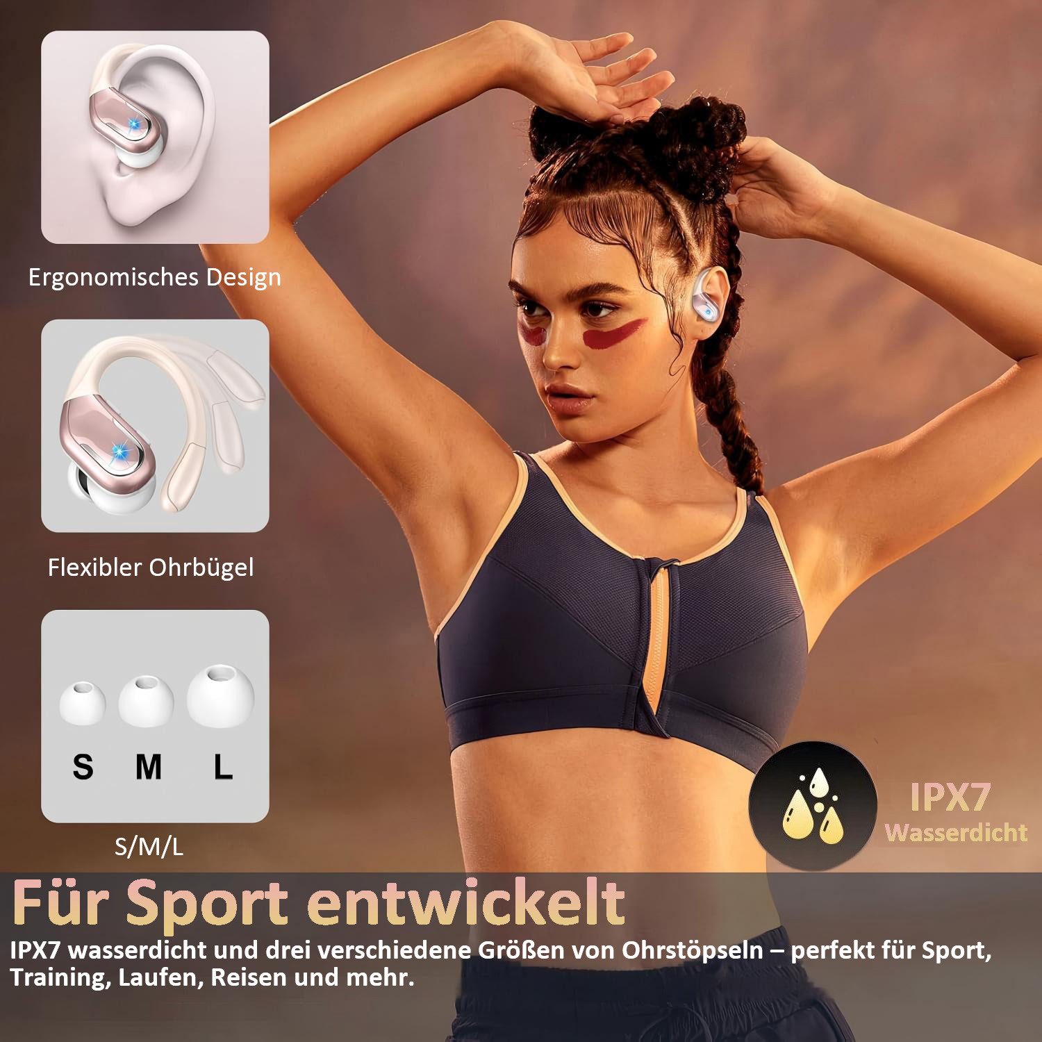 Futicare Bluetooth 5.4 Sportkopfhörer mit Ohrbügel, 75 Std. Akku & ENC, In-Ear-Kopfhörer (kabellose Bluetooth Kopfhörer mit 14,2-mm-Treiber, IPX7, LED-Anzeige, physische Tastensteuerung gegen versehentliche Berührungen)