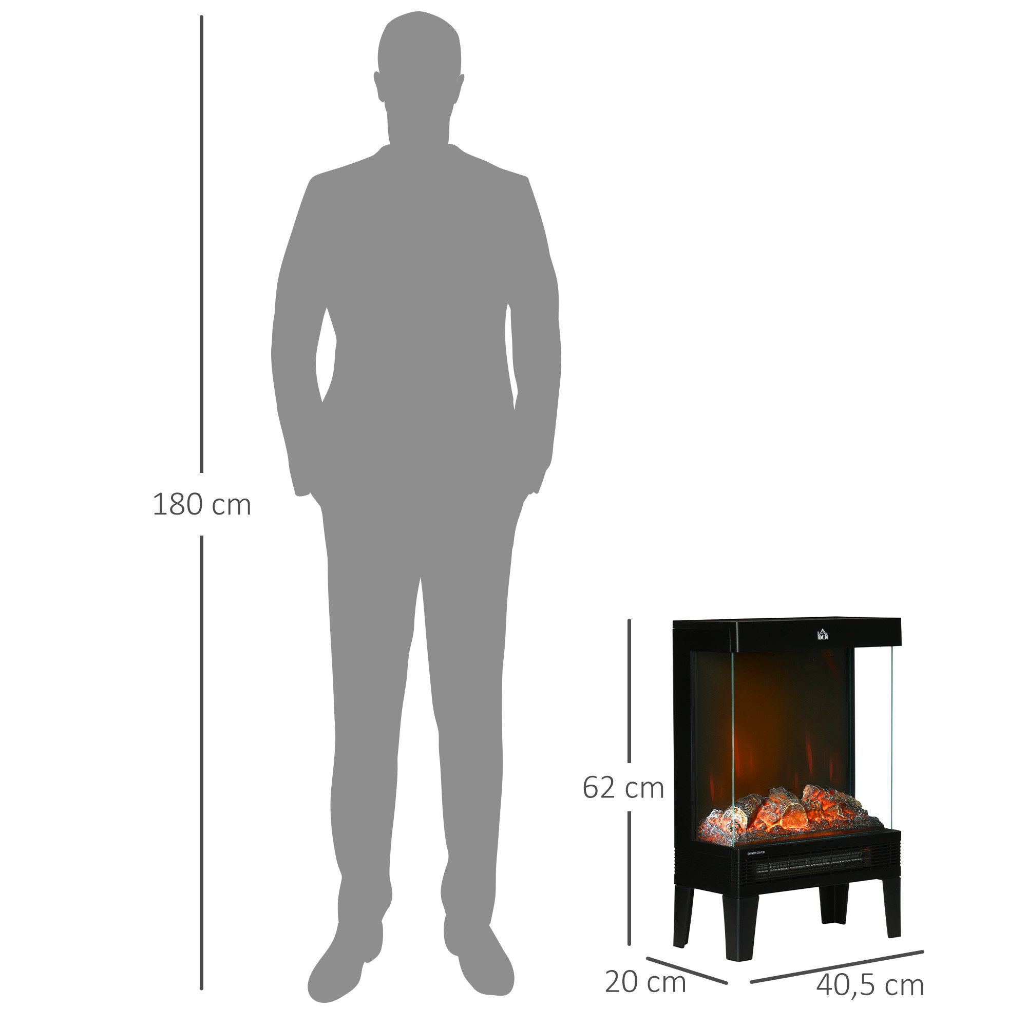 HOMCOM Elektrokamin 2000 W Standkamin mit Heizung, LED 3D-Flammeneffekt, mit 4 Helligkeitsstufen, Thermostat, Überhitzungsschutz, Schwarz – Bild 3 von 5