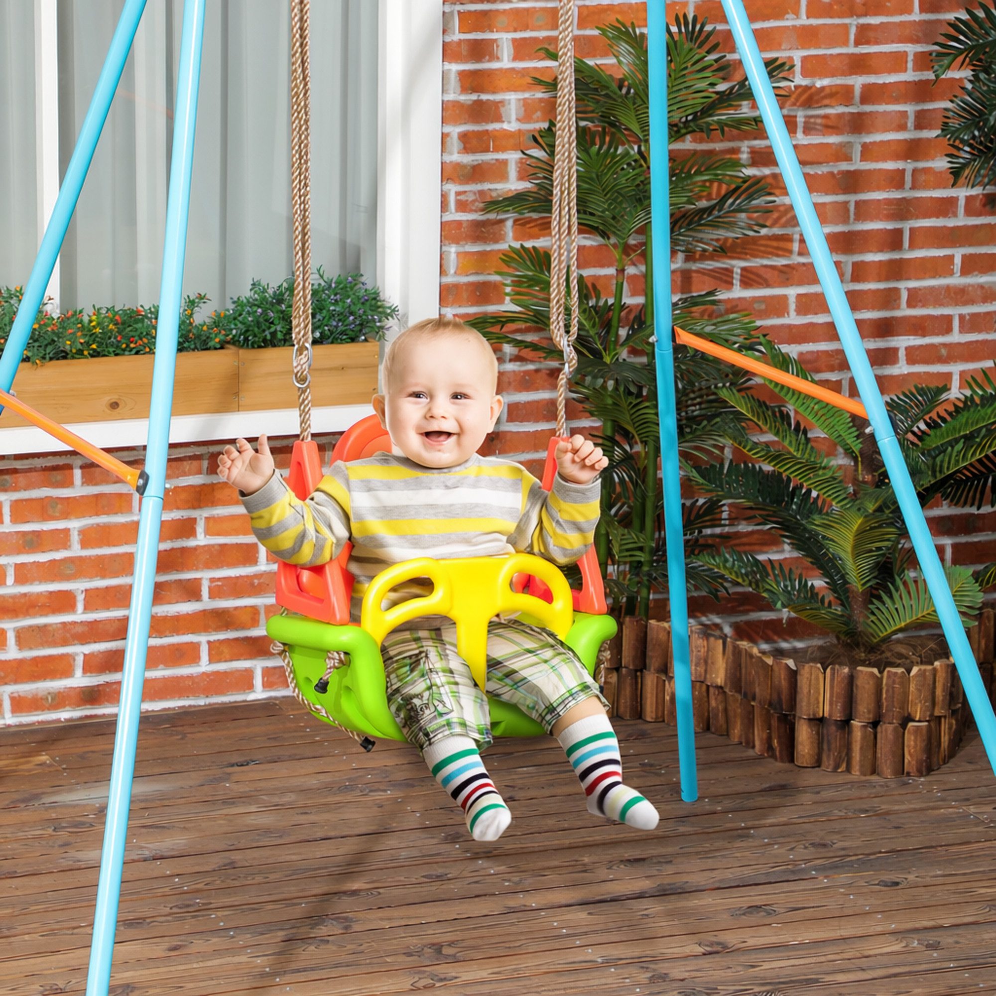 Outsunny Einzelschaukel Babysitz Schaukelsitz mit Rückenlehne, für Outdoor & Indoor, (Babyschaukel, 1-tlg., Kinderschaukel), für Garten, Balkon, Grün+Gelb+Orange