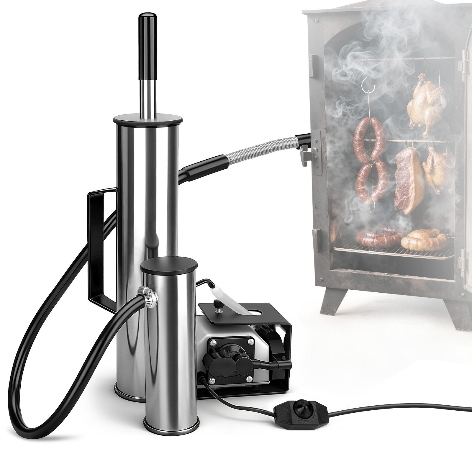 XERSEK Räucherofen Kaltrauchgenerator + Hitzeschutzgriff Teerabscheidung Wind Einstellbar, 25 W, Brennstoffpresse, 90cm Rauchrohr, 25W Luftpumpe, Max.Durchsatz 3300L/h, Räuchergenerator für Rauchöfen Backöfen Räucherkammern Speiseplatten