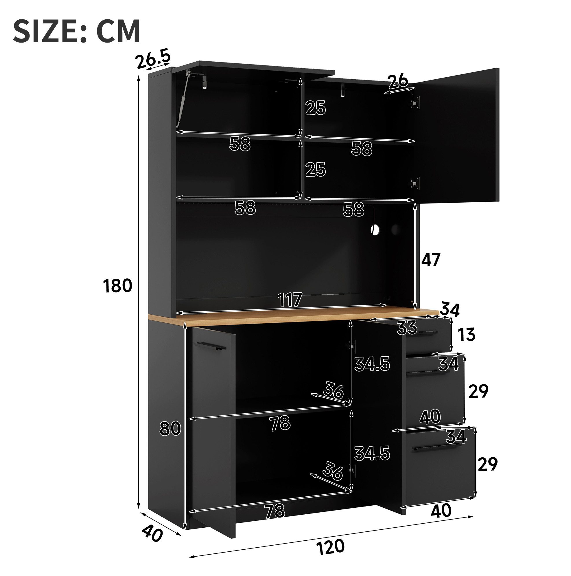 REDOM Küchenbuffet Moderner Stauraumschrank mit farbigem LED-Lichtstreifen (Packung, 1-St., Schwarz, 120×40×180 cm, für Küche & Esszimmer) integrierte Steckdose, USB-A/C, elegantes Design