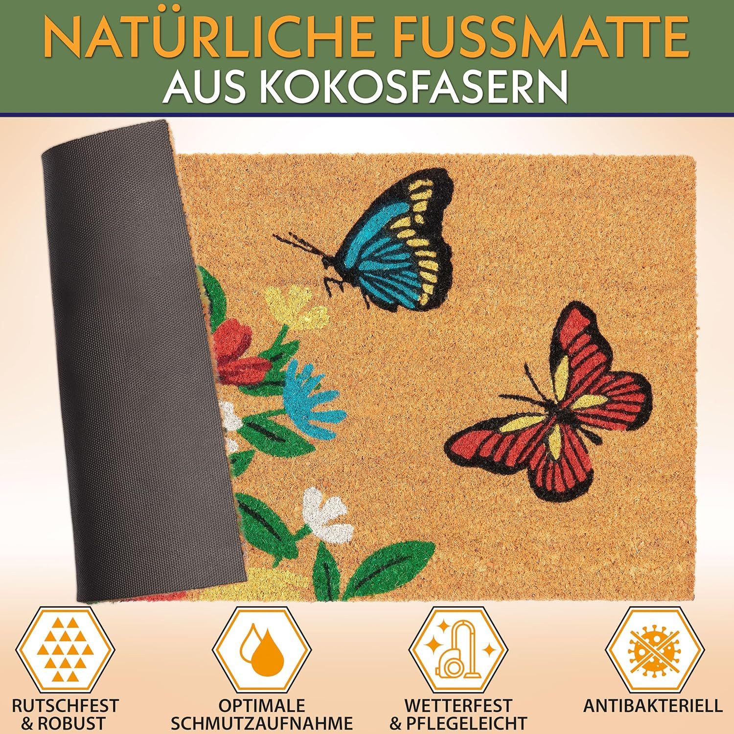 BRUBAKER Fußmatte 45 x 75 cm – Schmetterlinge mit Blumen - Schmutzfangmatte günstig online kaufen