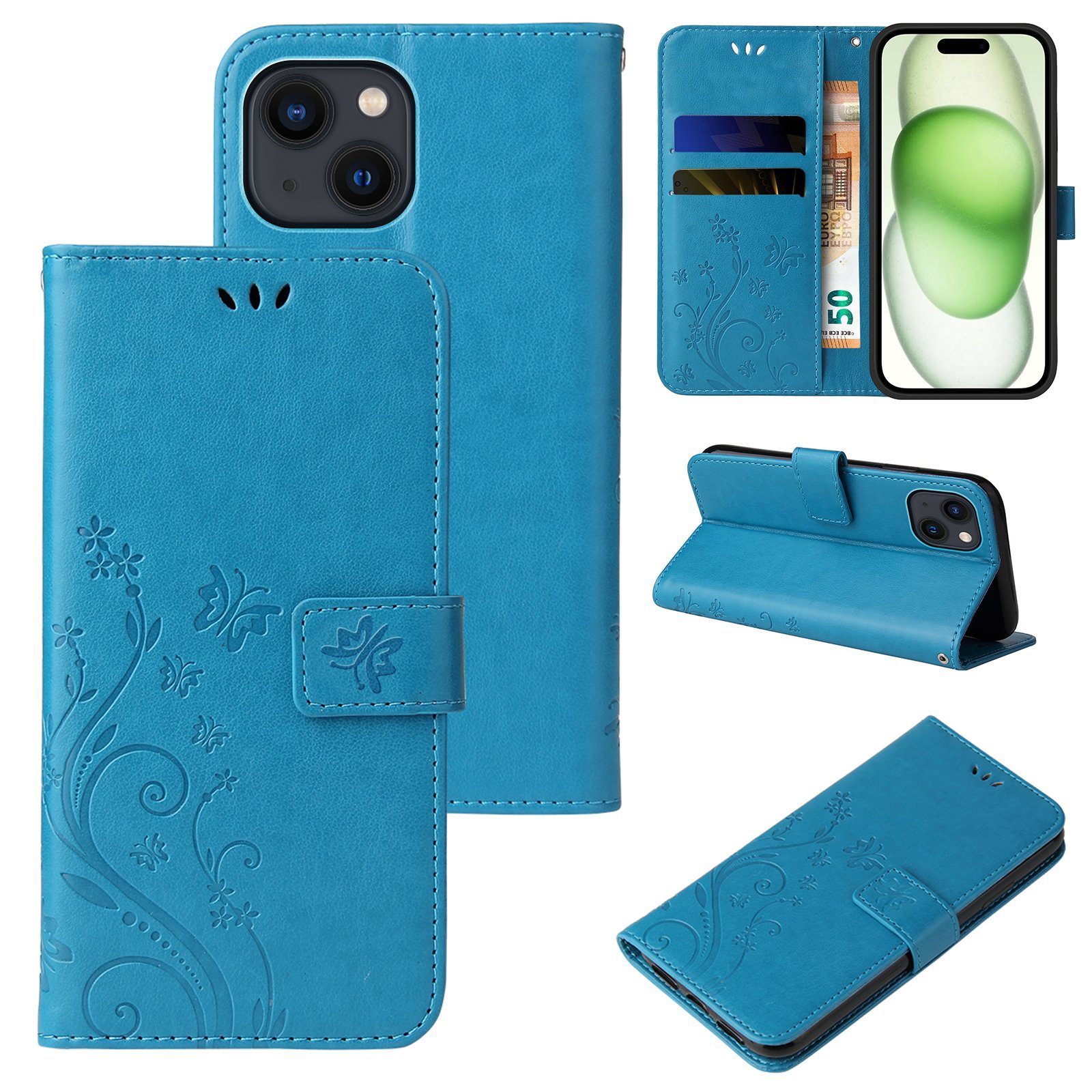 Tec-Expert Handyhülle Cover Tasche Hülle für Apple iPhone 15 6,1 Zoll, Klapphülle Case mit Kartenfach Fliphülle aufstellbar, Motiv Blumen