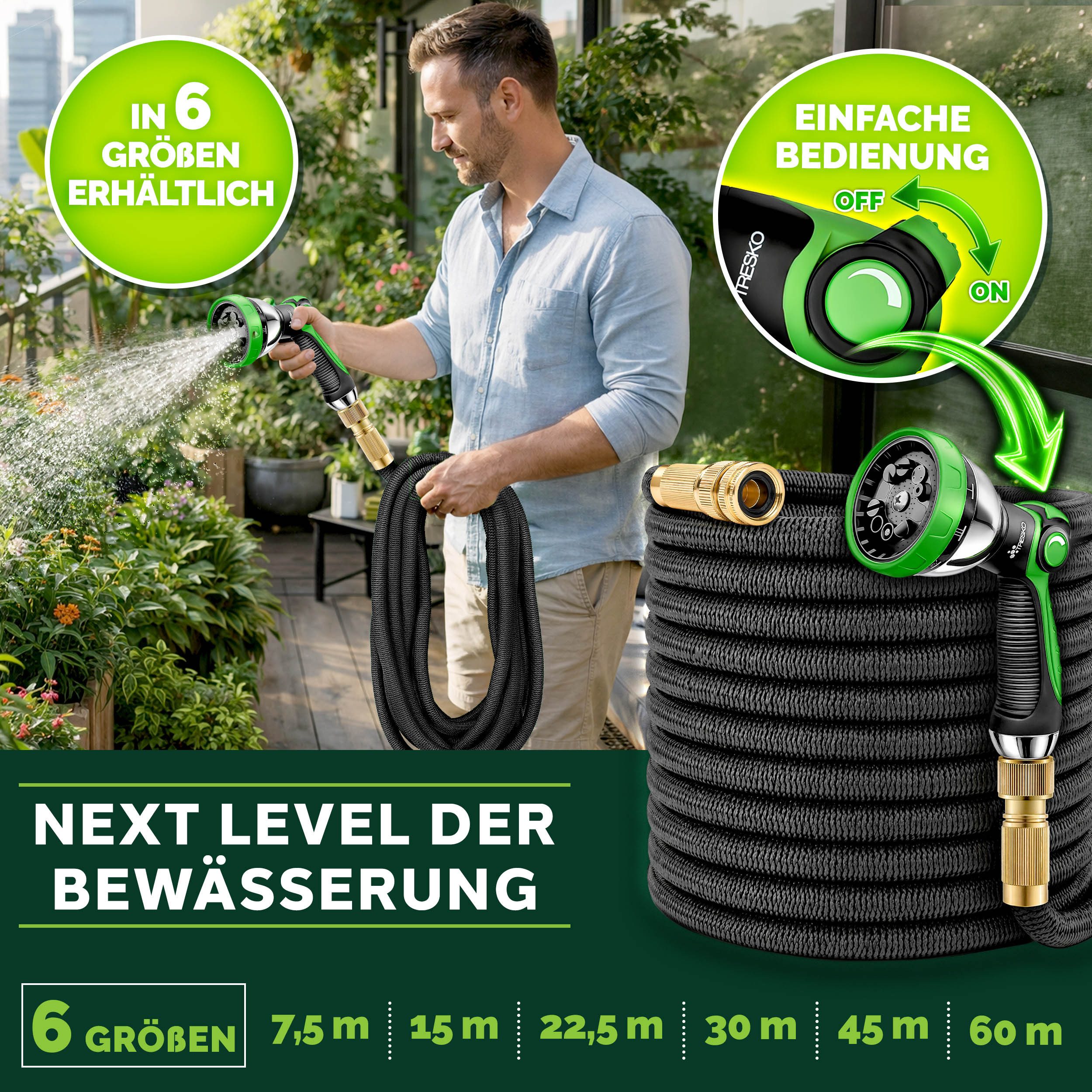 TRESKO Gartenschlauch Premium Gartenschlauch Flexibler Wasserschlauch 3-fach Latex, dehnbarer Flexi Schlauch Wasserschlauch