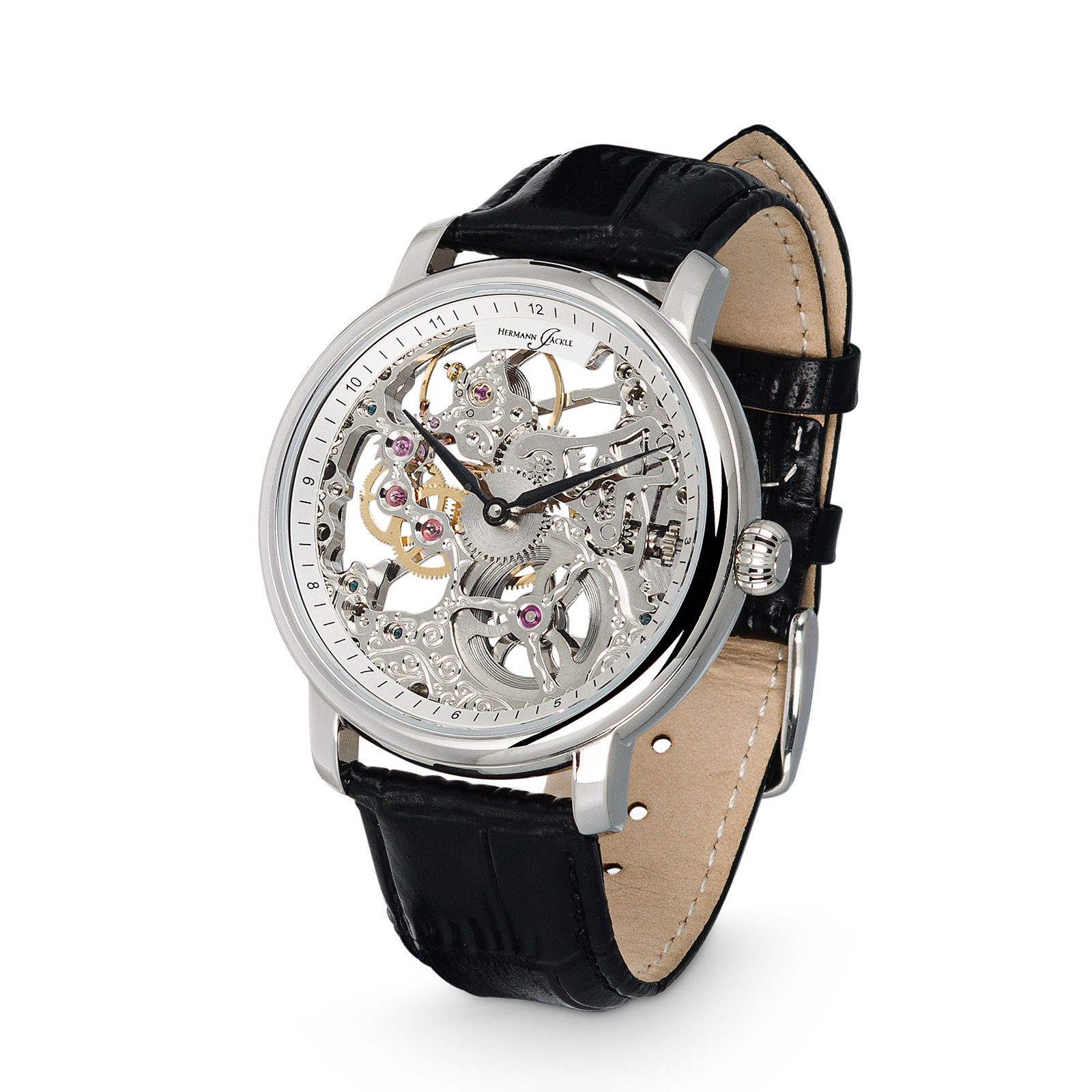 Hermann Jäckle Mechanische Uhr Herrenuhr Skelettuhr Handaufzug Mineralglas 45 mm