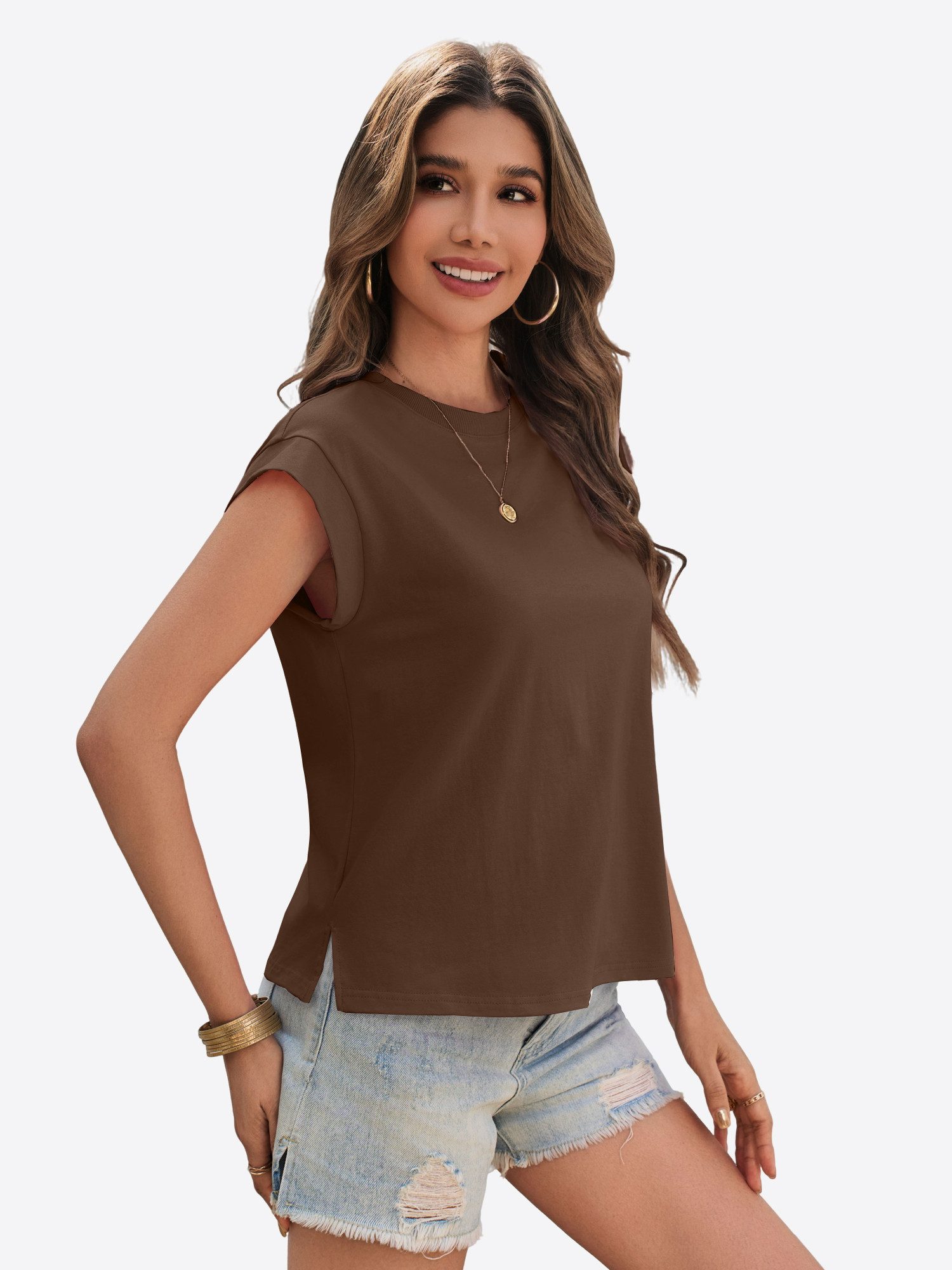 Imily Bela T-Shirt Damen Basic-Shirt mit Rundhalsausschnitt (Packung, 1-tlg., 1per-Pack) Seitenschlitze – Bild 4 von 5