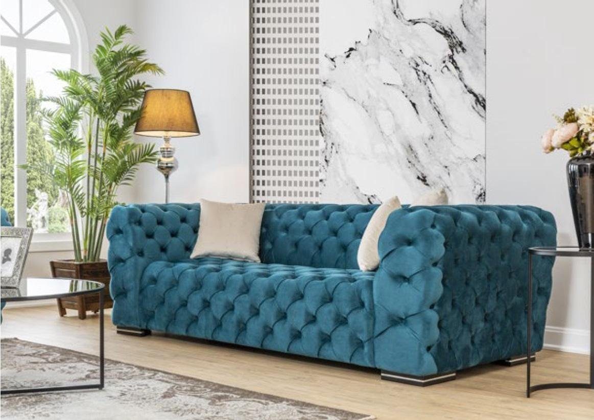 JVmoebel 4-Sitzer Chesterfield Sofa 4 Sitz Design Polster Wohnzimmer Blau Holz Polster