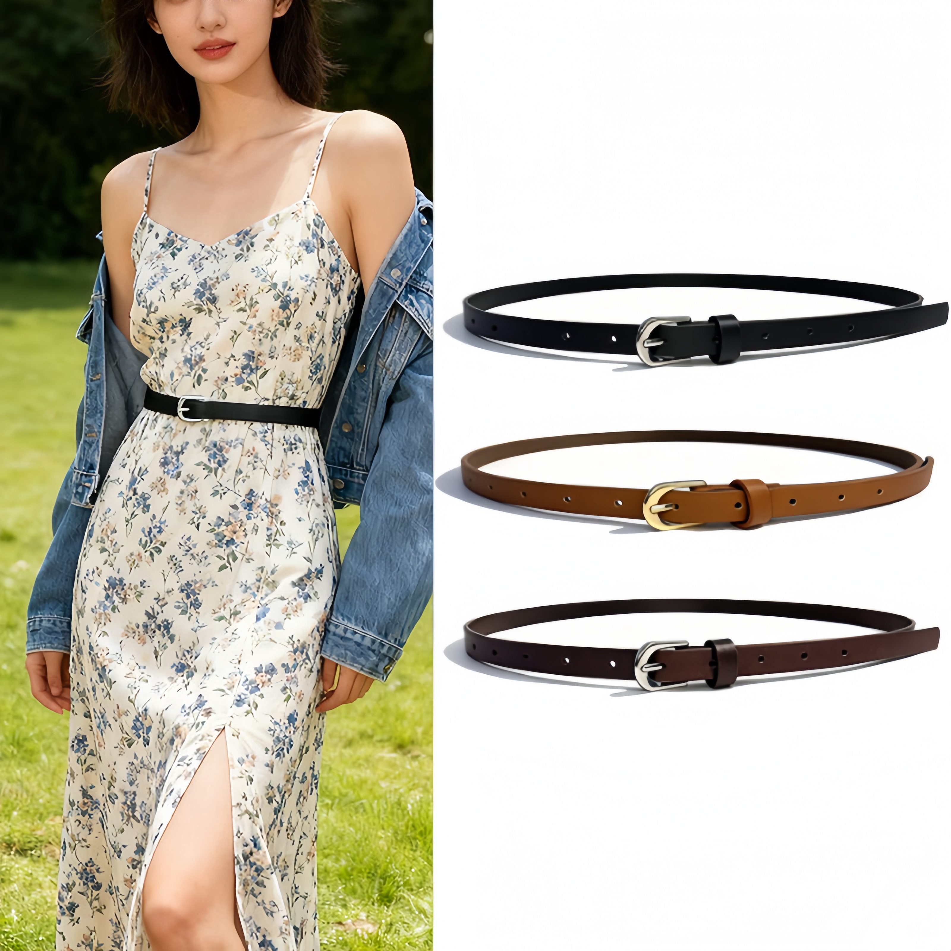 FOUORTUNATE-BEE Taillengürtel 3er-Set Damen-Taillengürtel – Schlanke Gürtel mit goldener Schnalle Elegante Gürtel für Kleider, Jeans Blusen in verschiedenen Farben