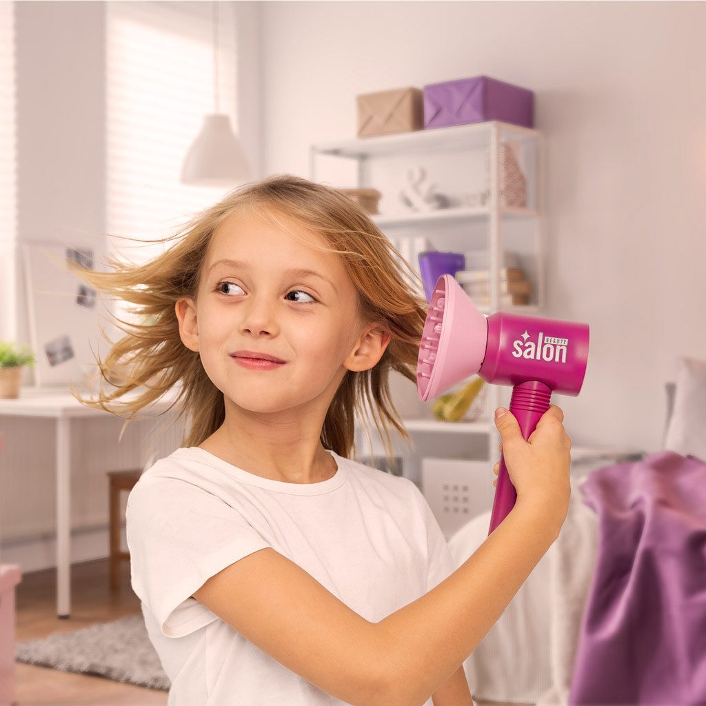 Ikonka Spielzeug-Frisierkoffer Frisör Set Kinder 15 teilig Spielzeug Haartrockner Licht Sound, (Friseur Spielzeug Kinder 15 teilig Styling Set Licht Sound, Frisör Set Kinder 15 teilig mit Zubehör Licht Sound Styling Set), Licht- & Soundeffekte, interaktives Styling, 15 Teile, Rollenspiel