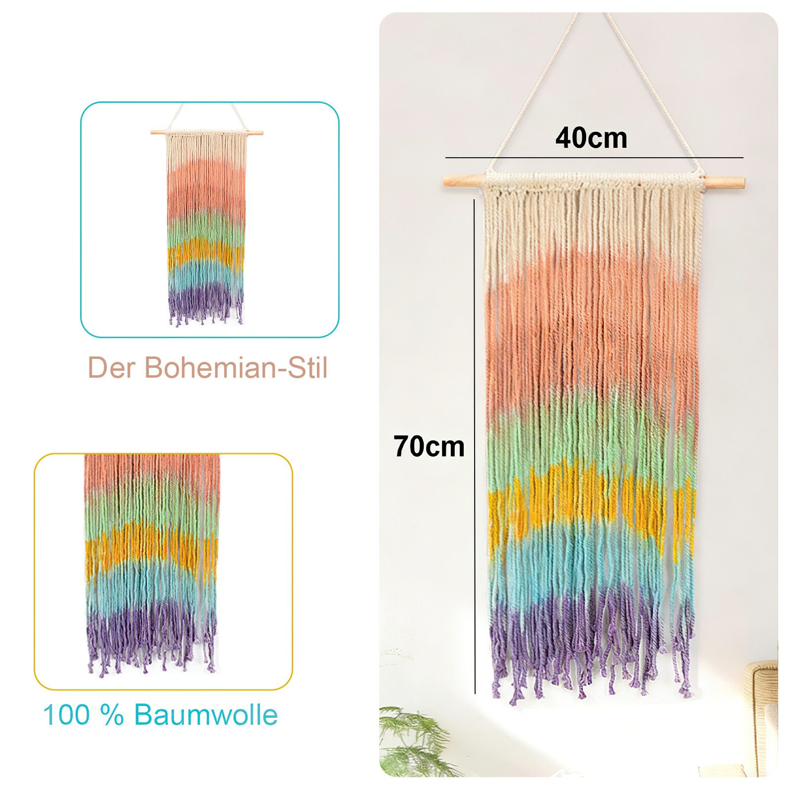 MOPUEA Wandteppich Tapisserie Handgefertigtes Baumwollseil Weben Regenbogen, Anwendbares Szenario: Wohnungseinrichtung