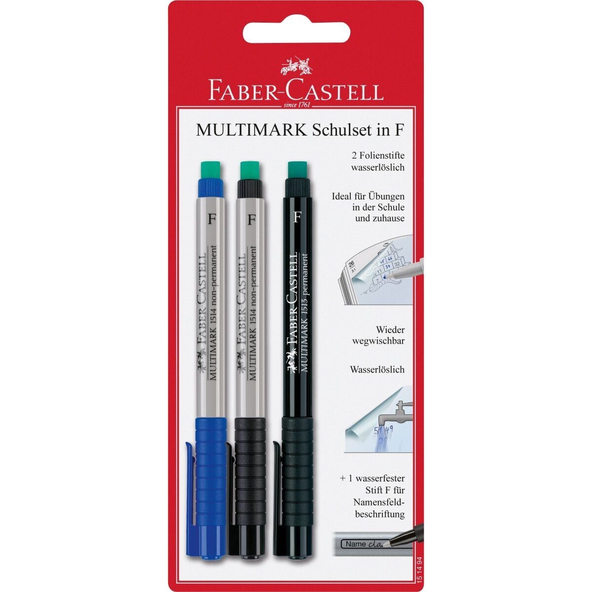 Faber-Castell Folienstift Blisterkarte Schulset Multimark 0,6 blau, schwarz