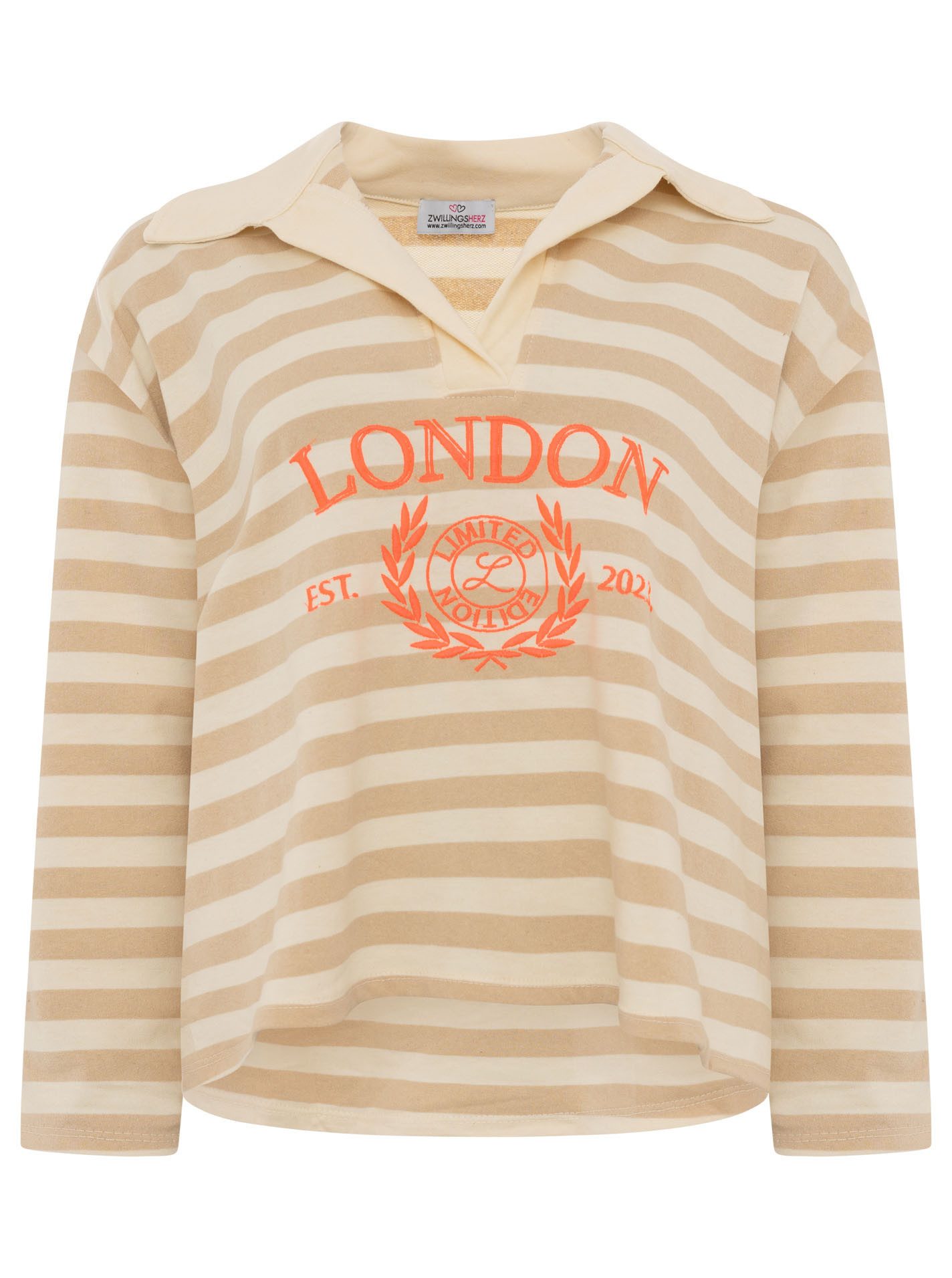 Zwillingsherz Langarmshirt "London" gestreift, Polokragen, Aufdruck