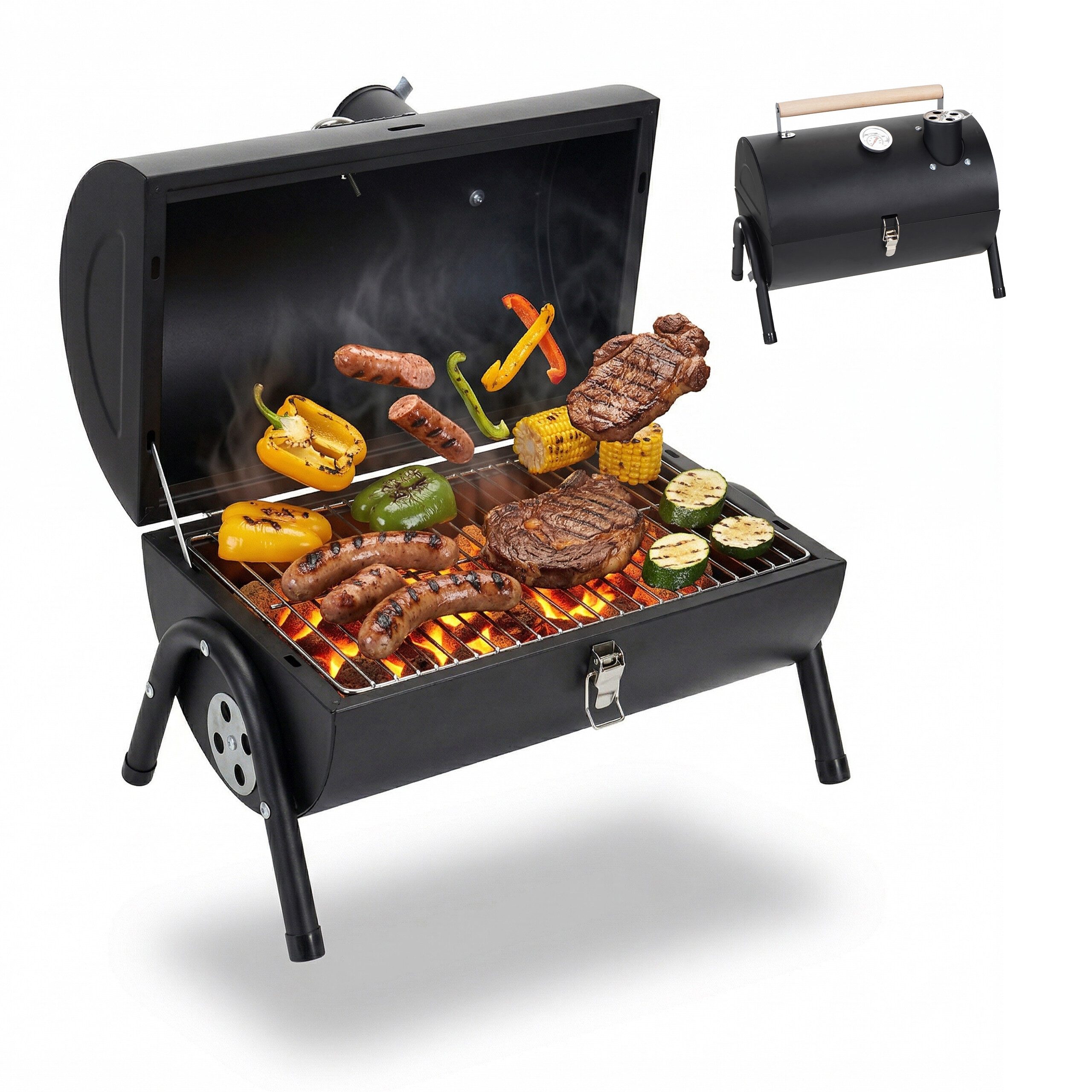 relaxdays Holzkohlegrill Campinggrill mit Thermometer, Kamin uvm.