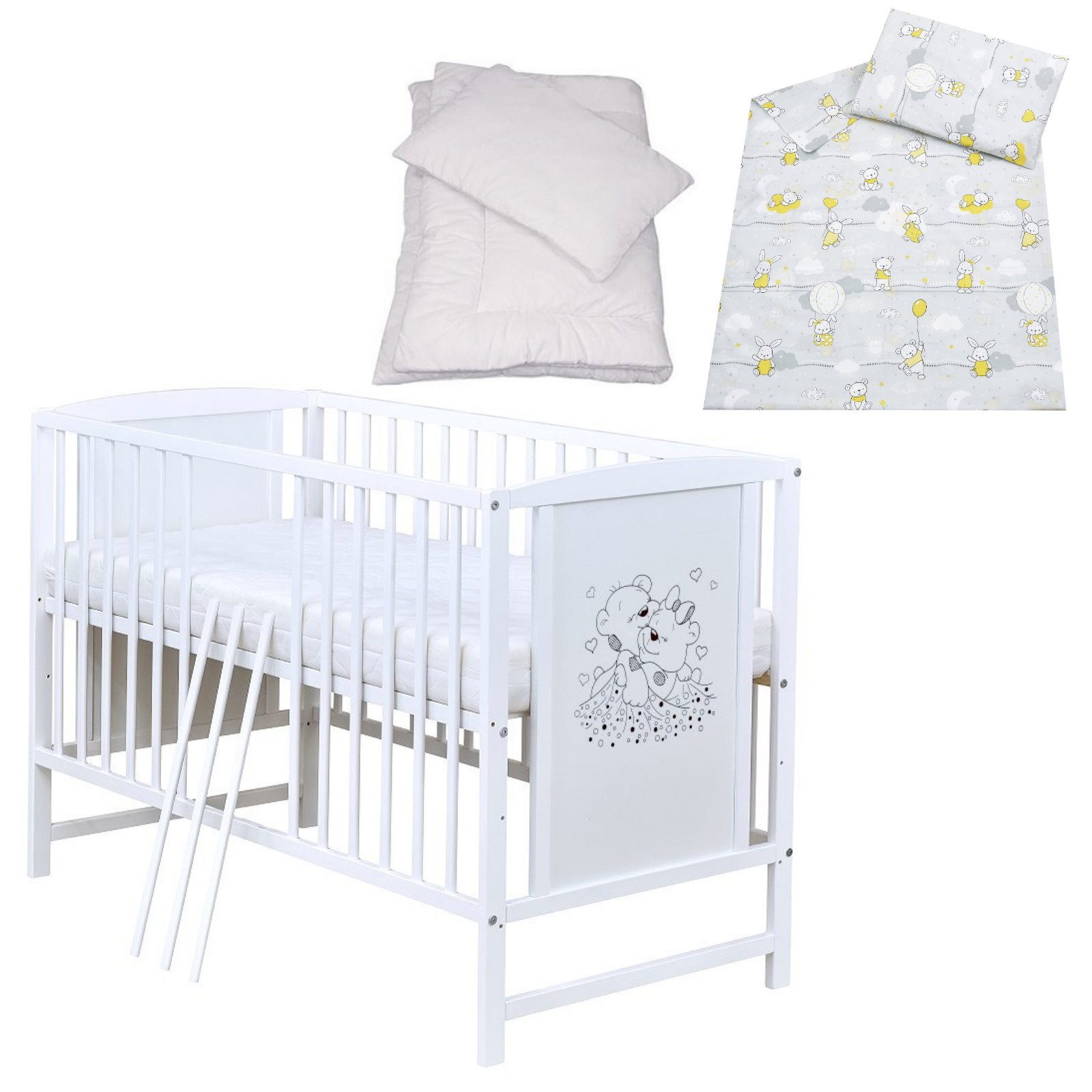 Baby-Delux Komplettbett Babybett Mia Komplettset, 7-tlg., Kinderbett 60x120 cm weiß, Bettset verschiedene Designs