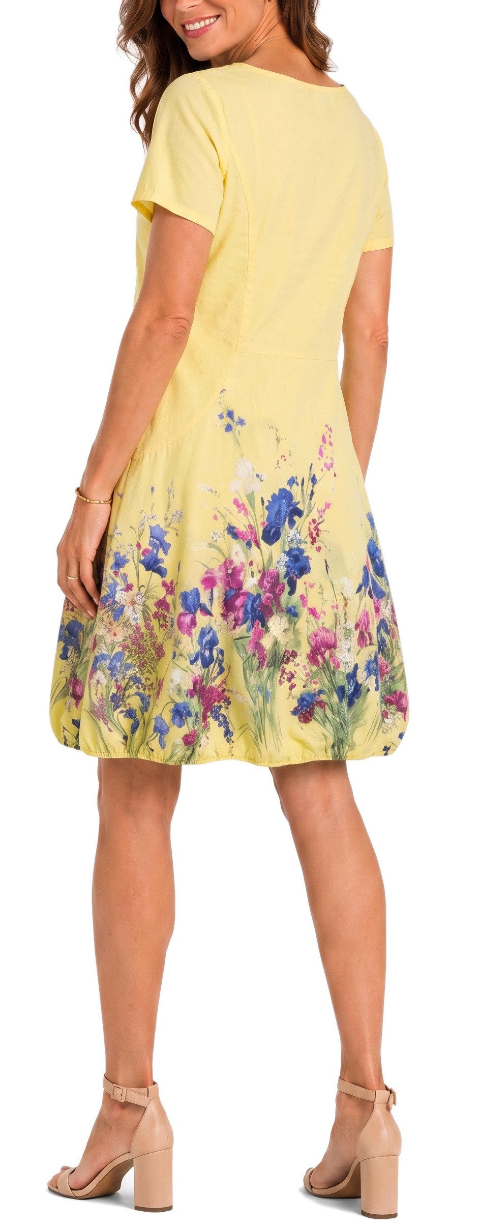 dy_mode Midikleid Damen Sommerkleid mit Blumenmuster Ballonkleid kurzarm Kurzarmkleid Leicht tailliert, 95 cm lang, Blumen-Print
