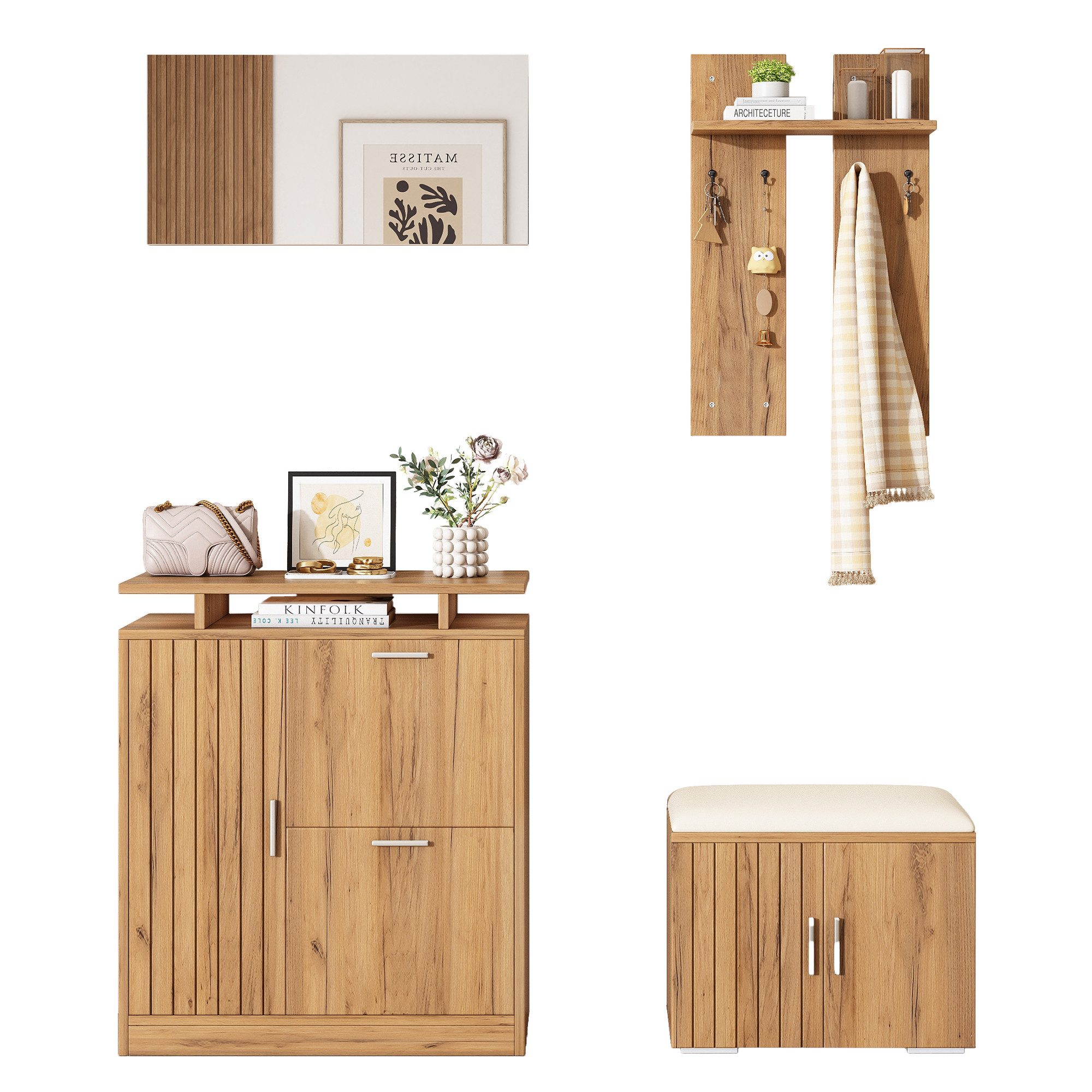 Refined Living Garderoben-Set Flur-Garderoben-Set mit Schuhbank, Spiegel und Schuhschrank, (B140xT35xH133 cm, Naturholzoptik, Flurmöbel Set mit Schuhbank und Sitzkissen, Schuhschrank mit 5 Türen, Wandgarderobe mit 4 Haken, Spiegel, 1-St., verstellbaren Einlegeböden und Schiebetüren, Skandinavisch), Garderobenschrank für Eingangsbereich, Diele und Flur