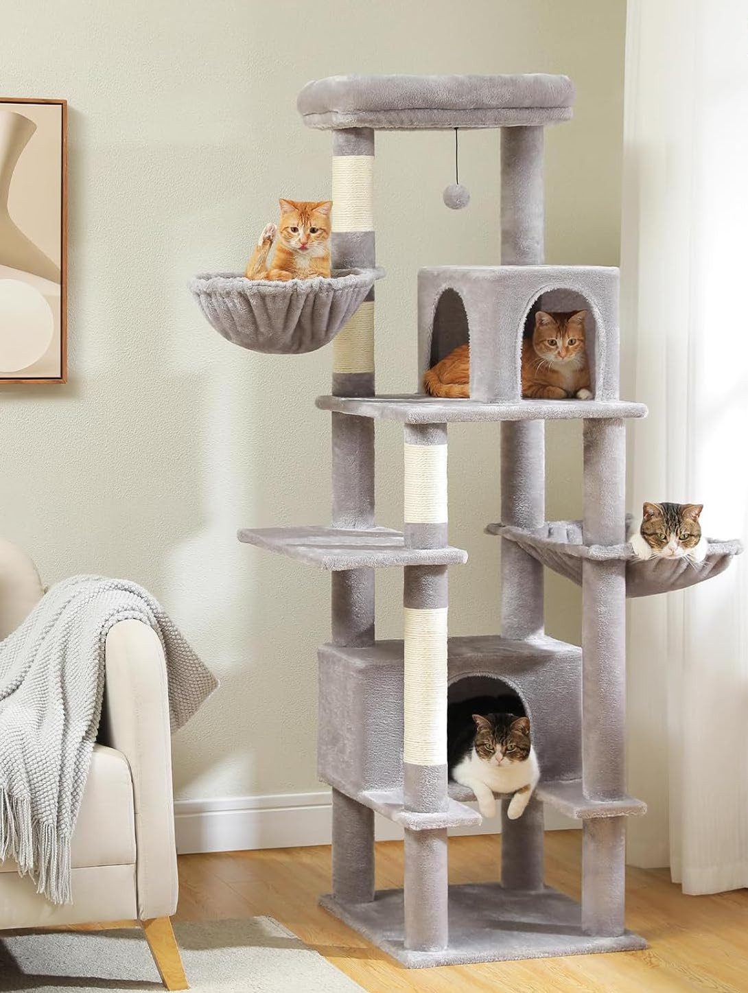 Purpurra Kratzbaum 168cm Mehrstöckiger Katzenturm mit 2 großen Höhlen