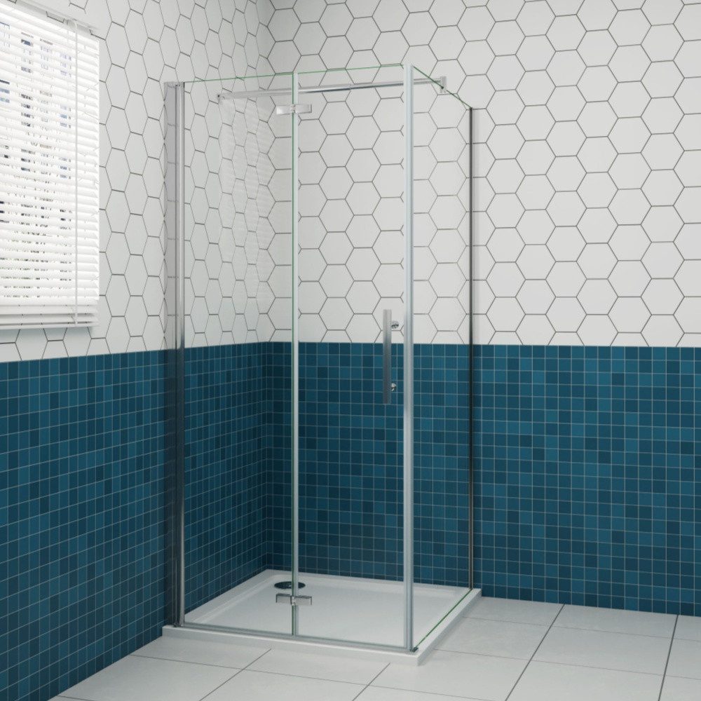 Duschparadies Eckdusche 195cm Scharniertür Falttür 6mm ESG Chrom Stabilisationsbügel Duschtür, BxT: 70x76 cm, Sicherheitsglas, ebenerdiger Einbau möglich