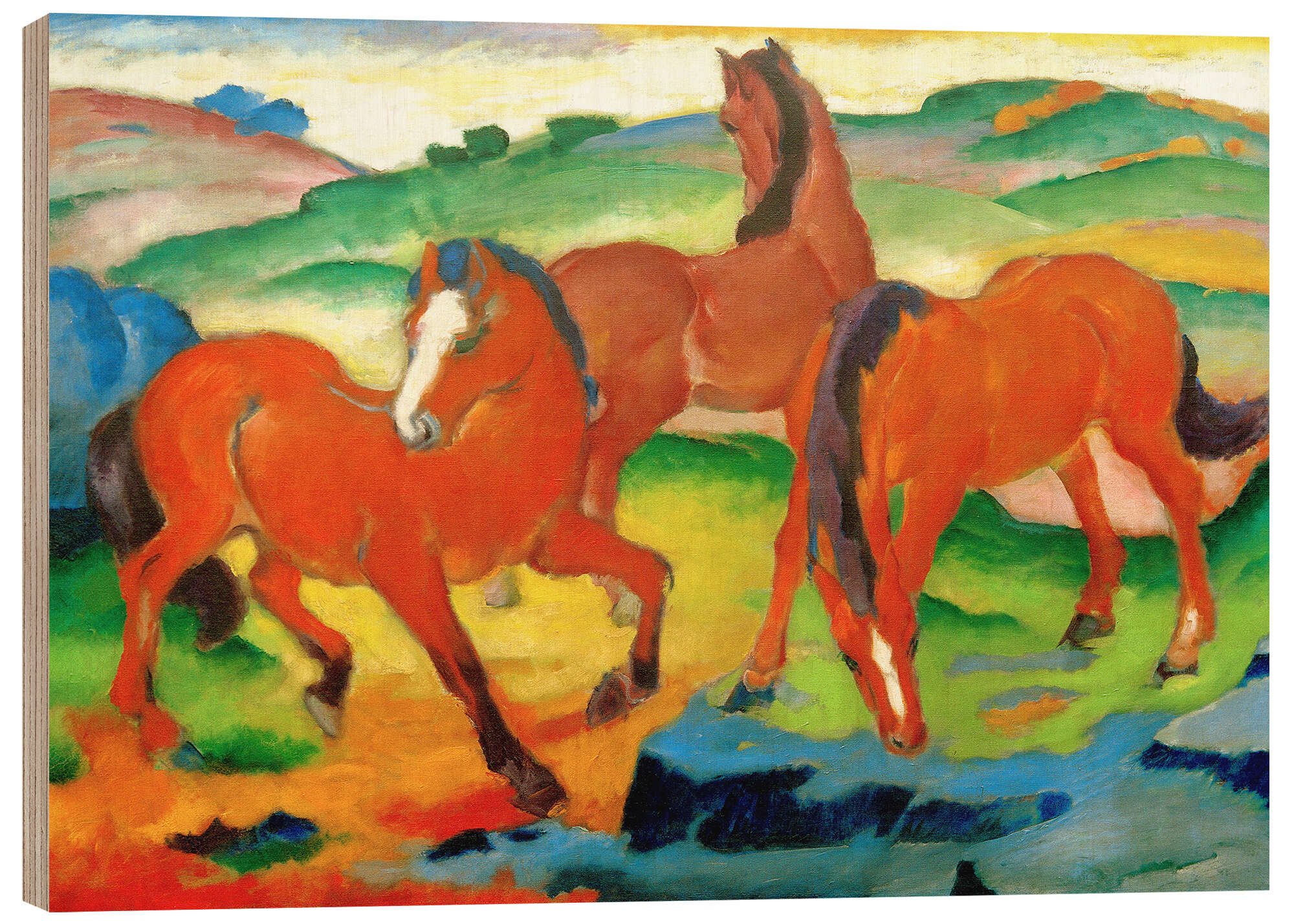 Posterlounge Holzbild Franz Marc, Weidende Pferde IV (Die Roten Pferde), Malerei