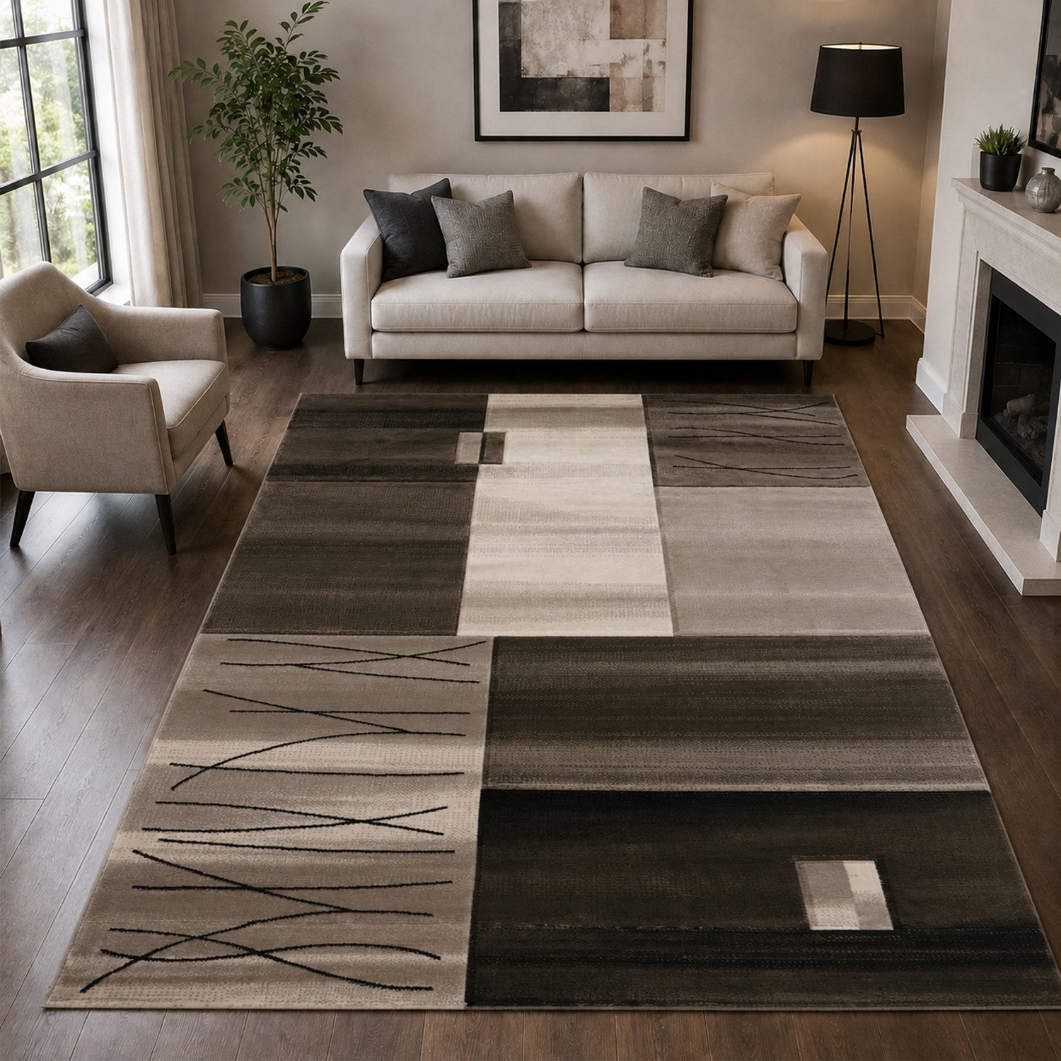 Vimoda Teppich Wohnzimmer Designer Teppich Grau Kachel Motiv, Rechteckig, Höhe: 12 mm, Teppich dicht mit Farbverlauf und Konturenschnitt