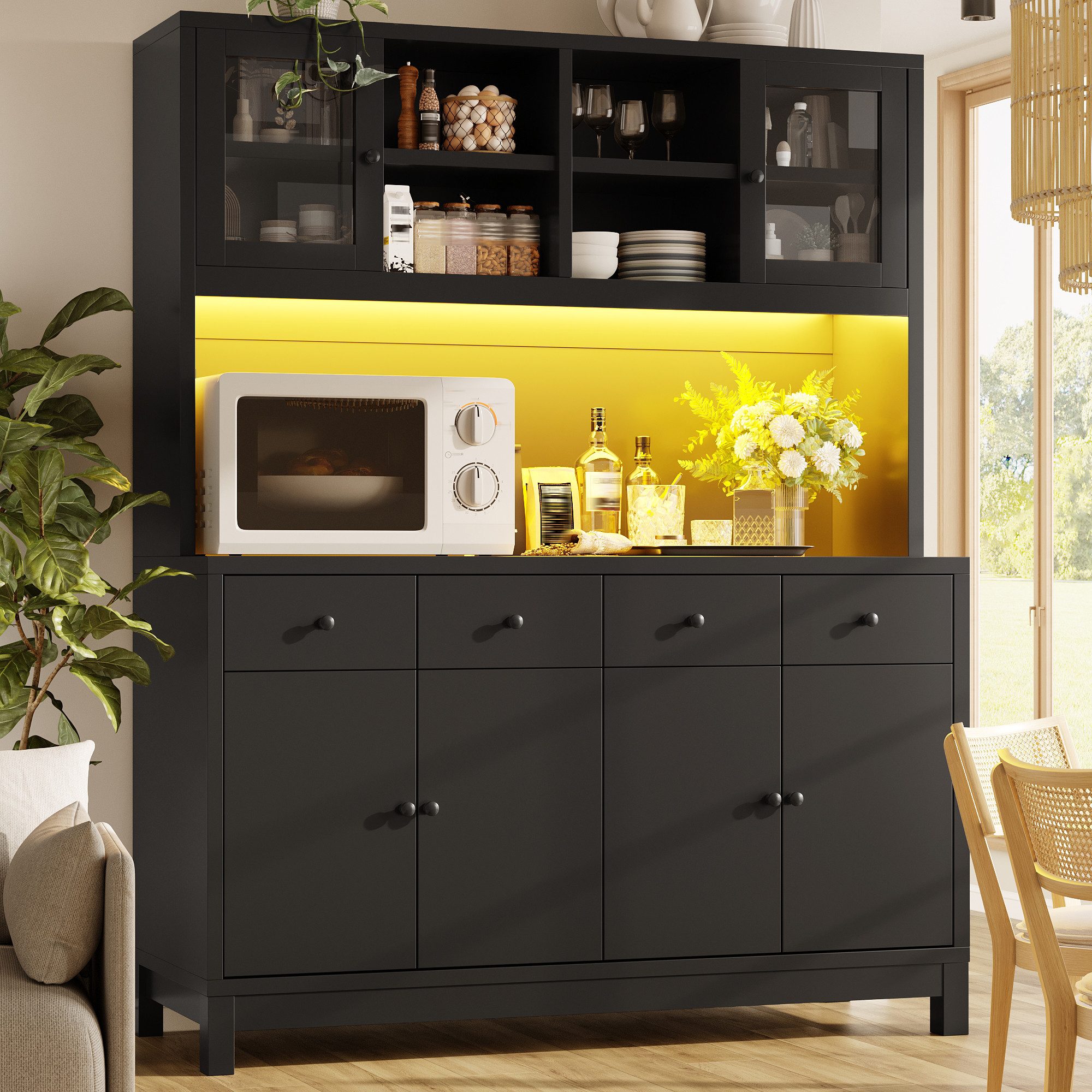 Flieks Küchenbuffet Hochschrank mit App-gesteuerter RGB-LED, Glastüren, 4 Schubladen (mit schwarzer Arbeitsplatte, 1-St., 140x40x180 cm) Küchenschrank Mehrzweck – Bild 2 von 5