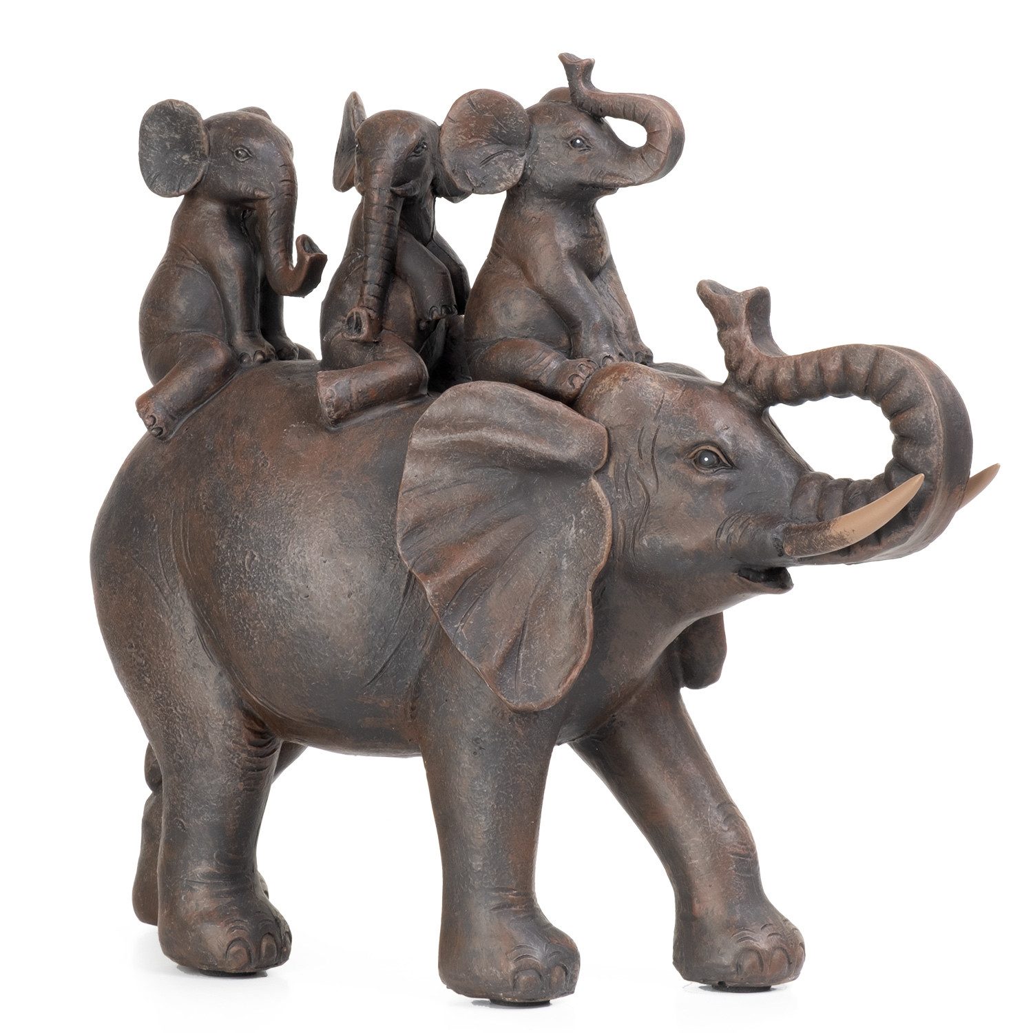 Moritz Dekofigur Deko-Figur Elefantenfamilie Kinder sitzen auf Rücken dunkelbraun, Dekofigur aus Polyresin Dekoelement Dekoration Figuren