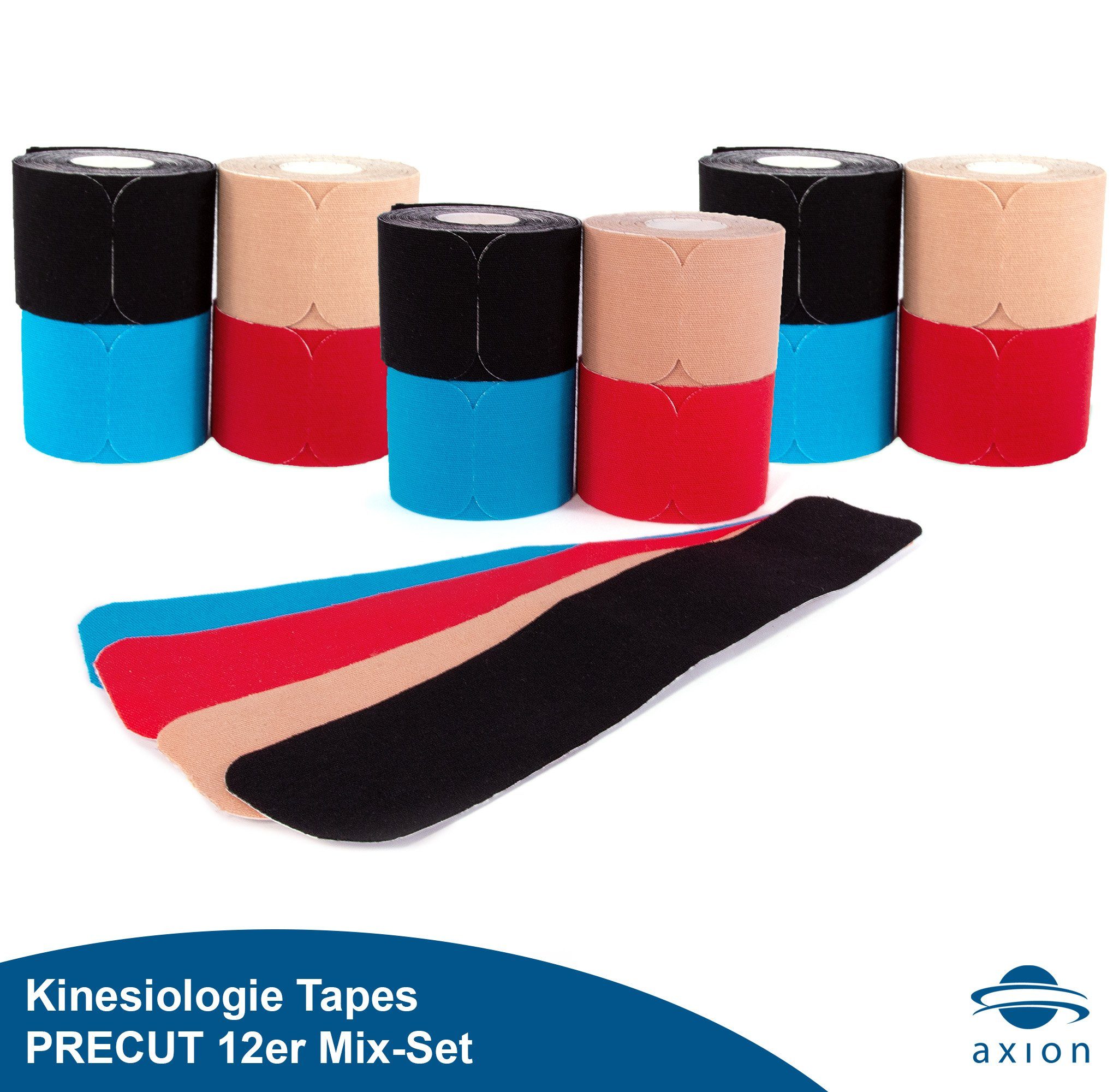 Axion Kinesiologie-Tape PRECUT 12er Mix-Set, 20 vorgeschnittene Sport Tapes 25 x 5 cm (12-St) 4 Farben • wasserfest • hautfreundlich • elastisch • selbstklebend