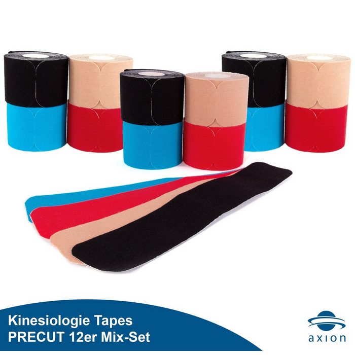 Axion Kinesiologie-Tape PRECUT 12er Mix-Set 20 vorgeschnittene Sport Tapes 25 x 5 cm (12-St) 4 Farben • wasserfest • hautfreundlich • elastisch • selbstklebend