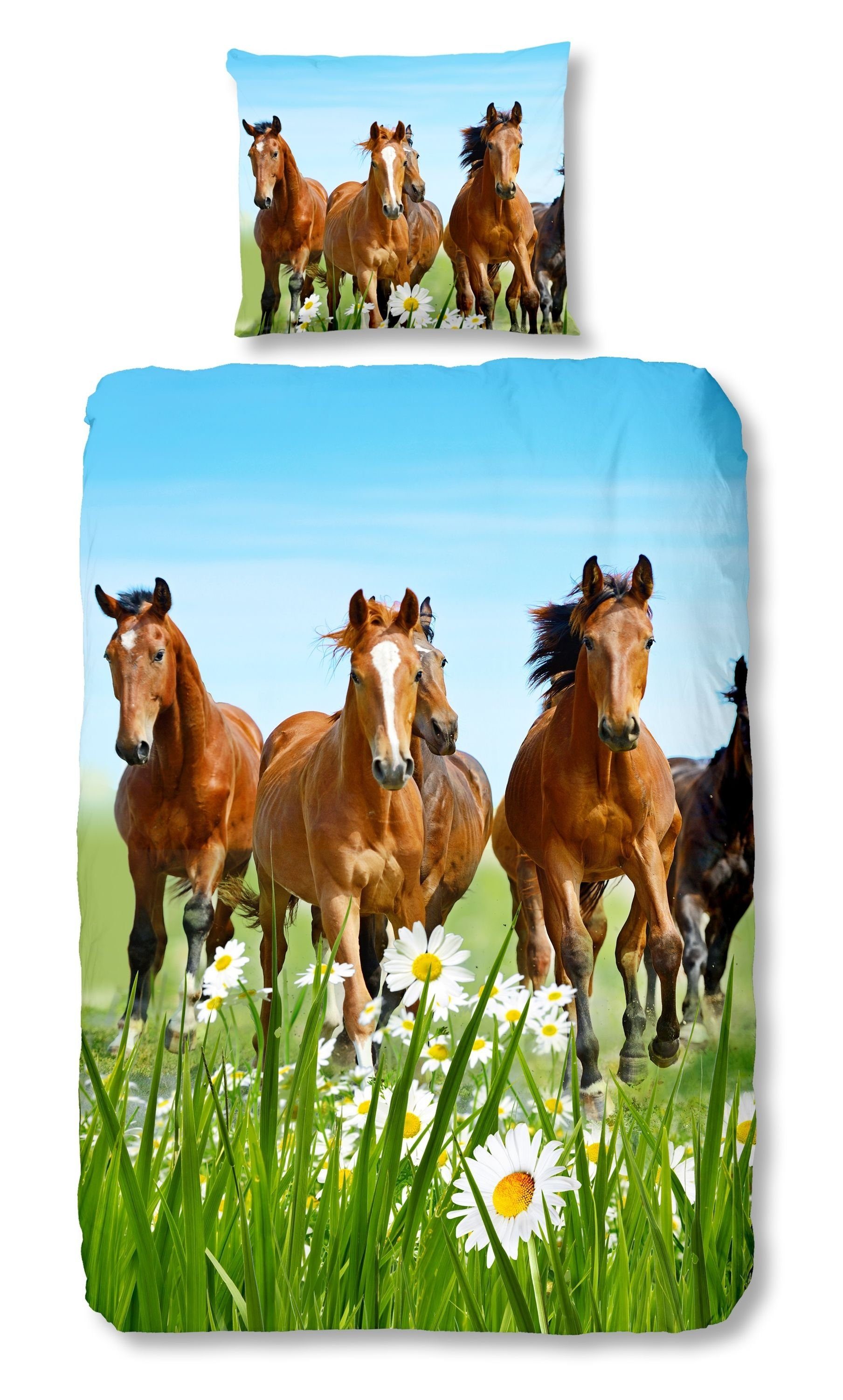 good morning Bettwäsche Baumwolle, Renforcé, 2 teilig, Pferde, Wiese, grün günstig online kaufen