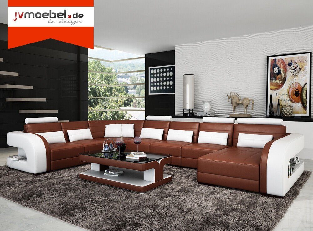 JVmoebel Ecksofa Big Wohnlandschaft Sofa mit USB Couch Eck Leder Sofa Garnitur Couchen Weiß/Braun