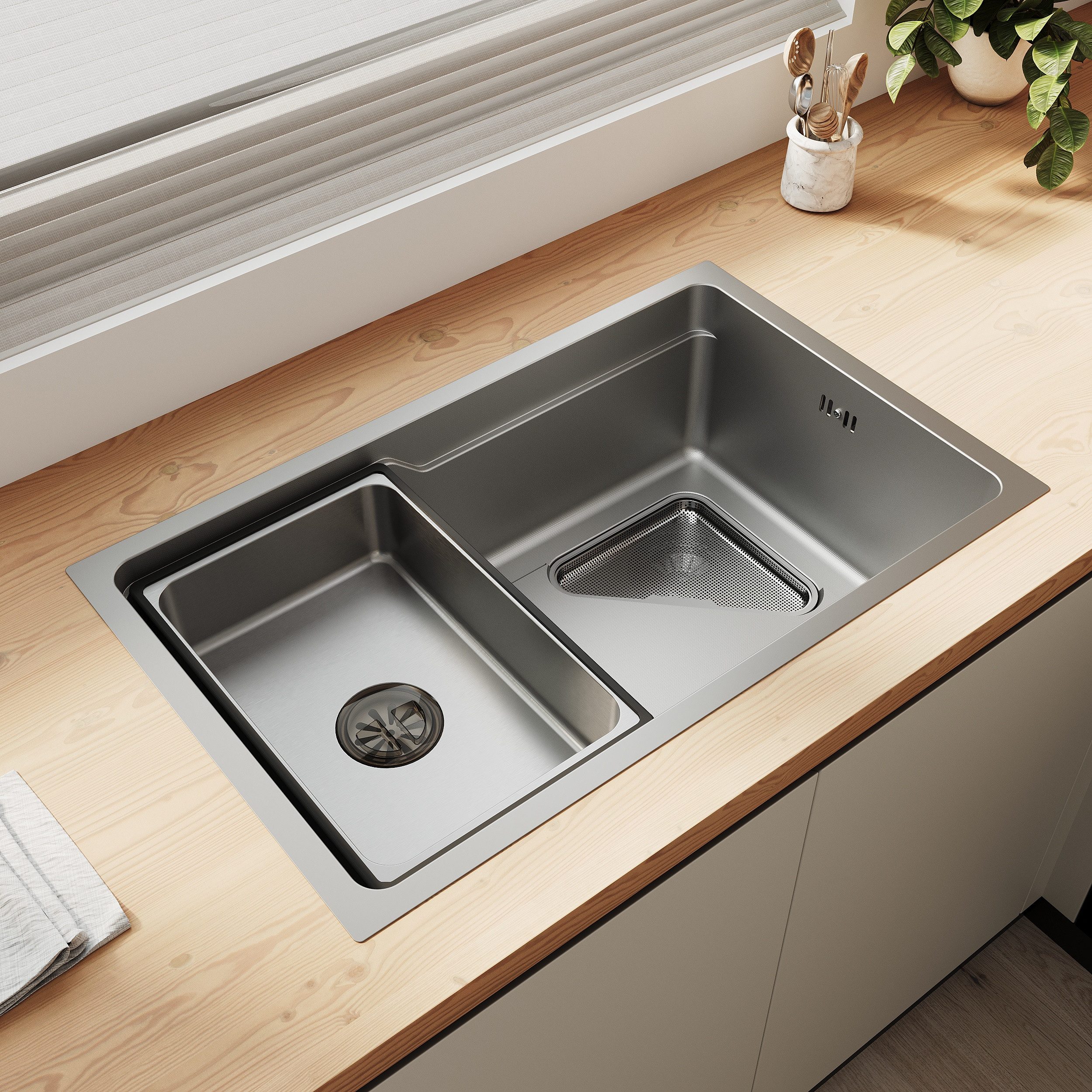 SONNI Küchenspüle Spülbecken Küchenspüle/Waschbecken küche Edelstahlspüle, Schmaler Rand, 70/24.5 cm, Dreieckiger Spülen-Siebkorb