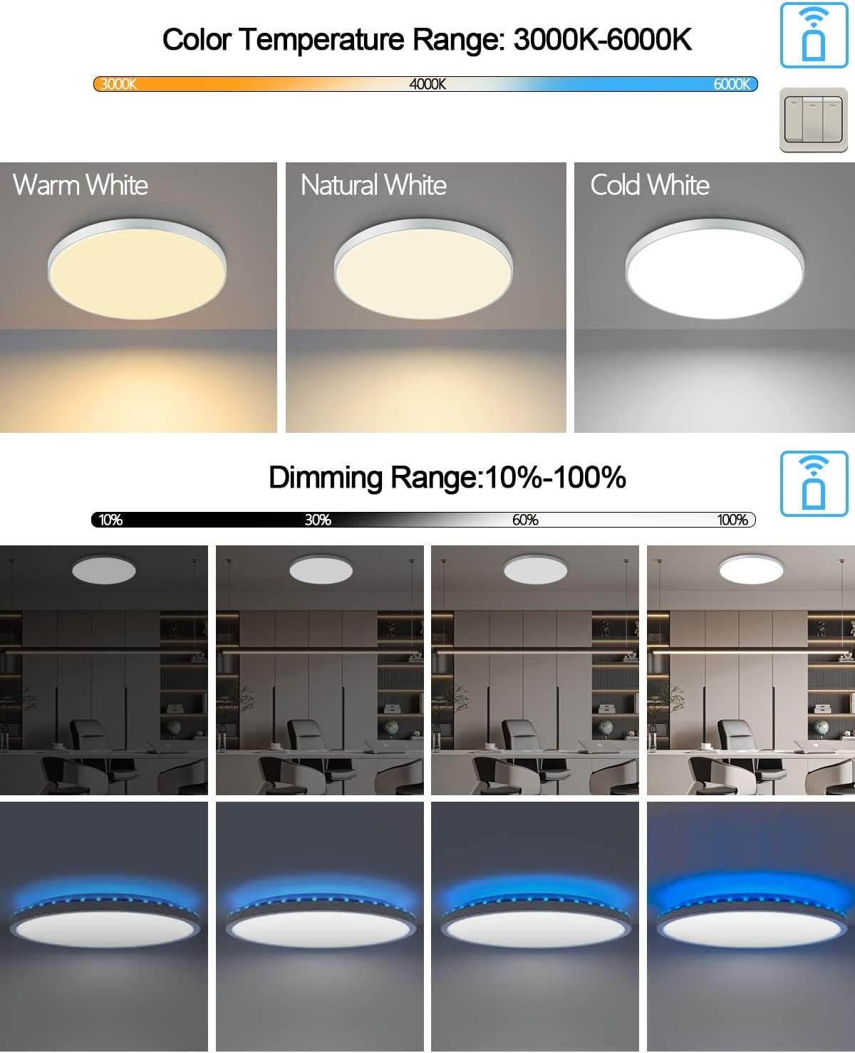 Diyarts LED RGB-Beleuchtung mit integriert, Fernbedienung LED nach Wunsch, Farbwechsel, fest dimmbar, & Farbtemperatur, Deckenleuchte