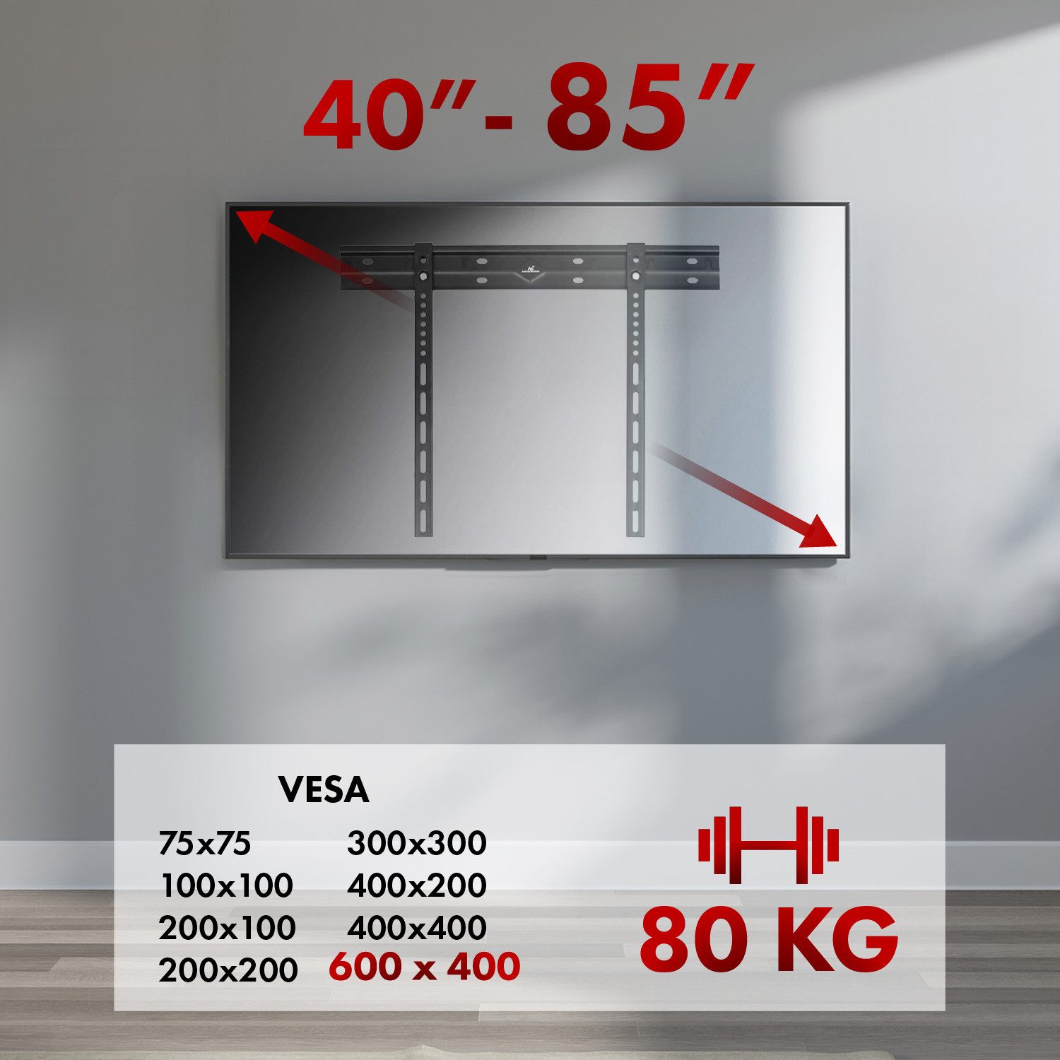 Maclean TV-Wandhalterung MC-123 Ultraflache Wandhalterung für TV, 40-85", (bis 85 Zoll, Max VESA 600x400, Belastung bis 80kg) – Bild 2 von 5