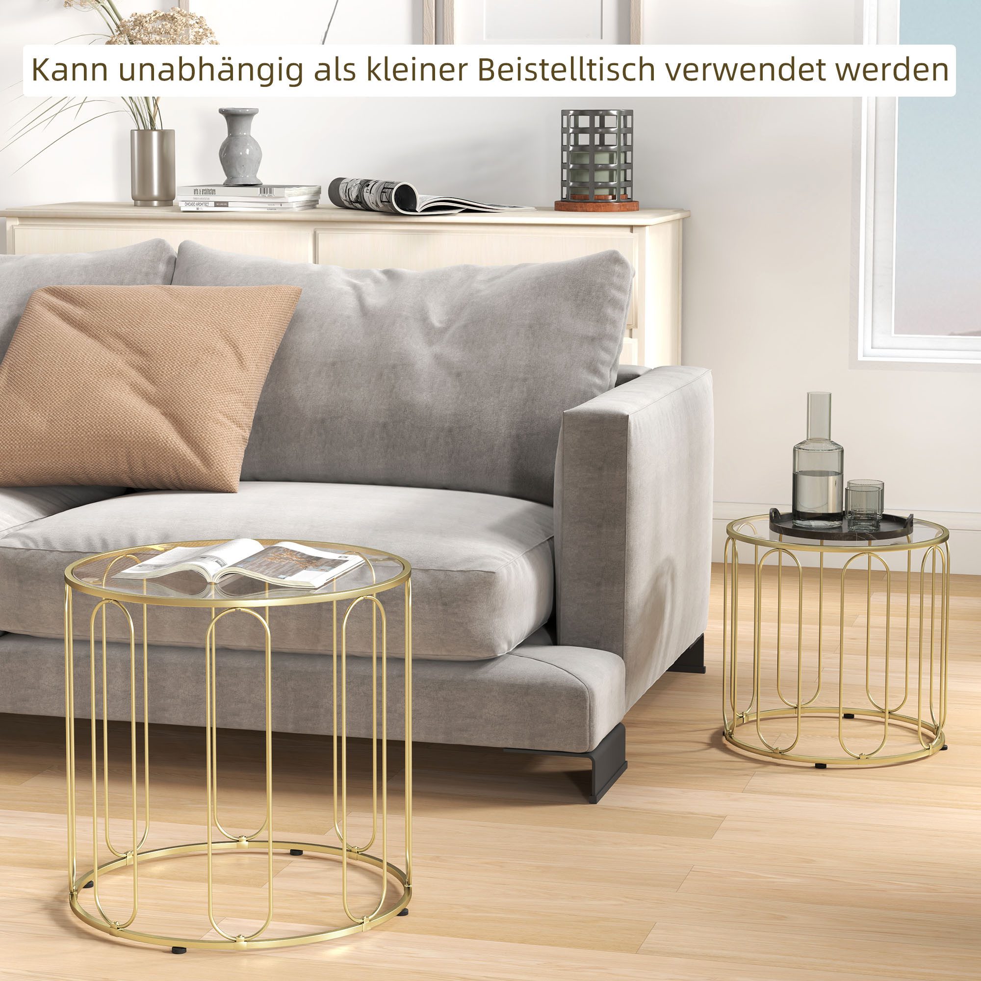 HOMCOM Couchtisch Beistelltisch Set Sofatisch mit geometrischem Metallrahmen, Glasplatte (Wohnzimmertisch, 2-St., Kaffeetisch), für Wohnzimmer, Gold – Bild 5 von 5