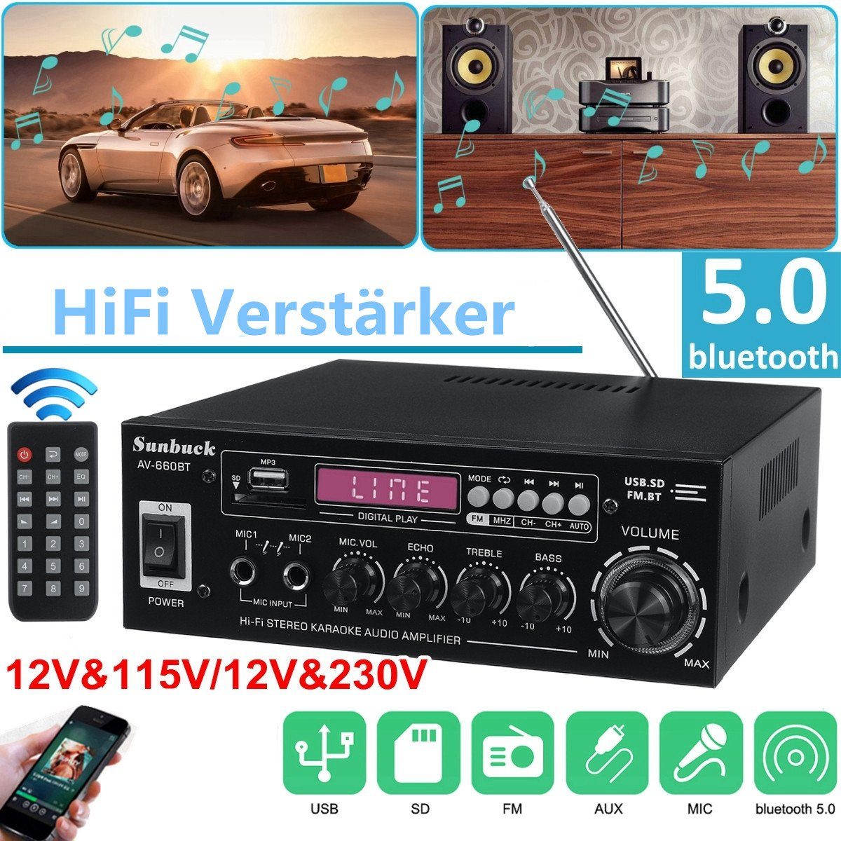 Insma Audioverstärker (1200W bluetooth 2-Kanal HiFi Verstärker)