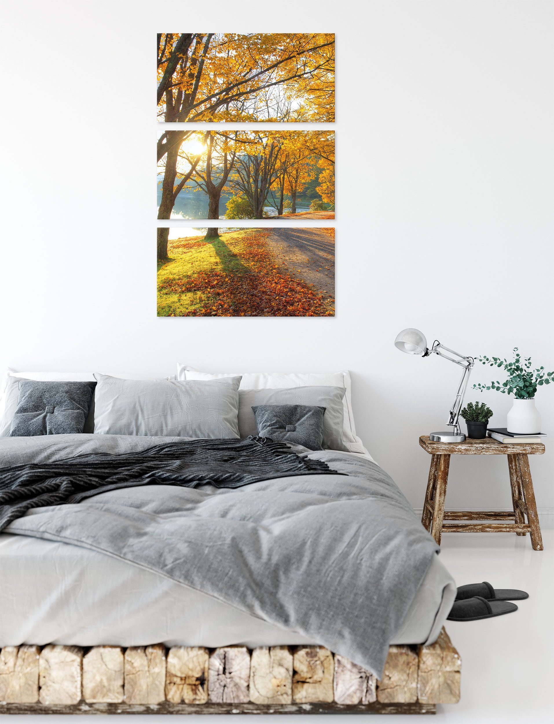 Pixxprint Leinwandbild Sonniger Park Leinwandbild am am See, (120x80cm) bespannt, St), 3Teiler inkl. Sonniger Park Zackenaufhänger (1 fertig See