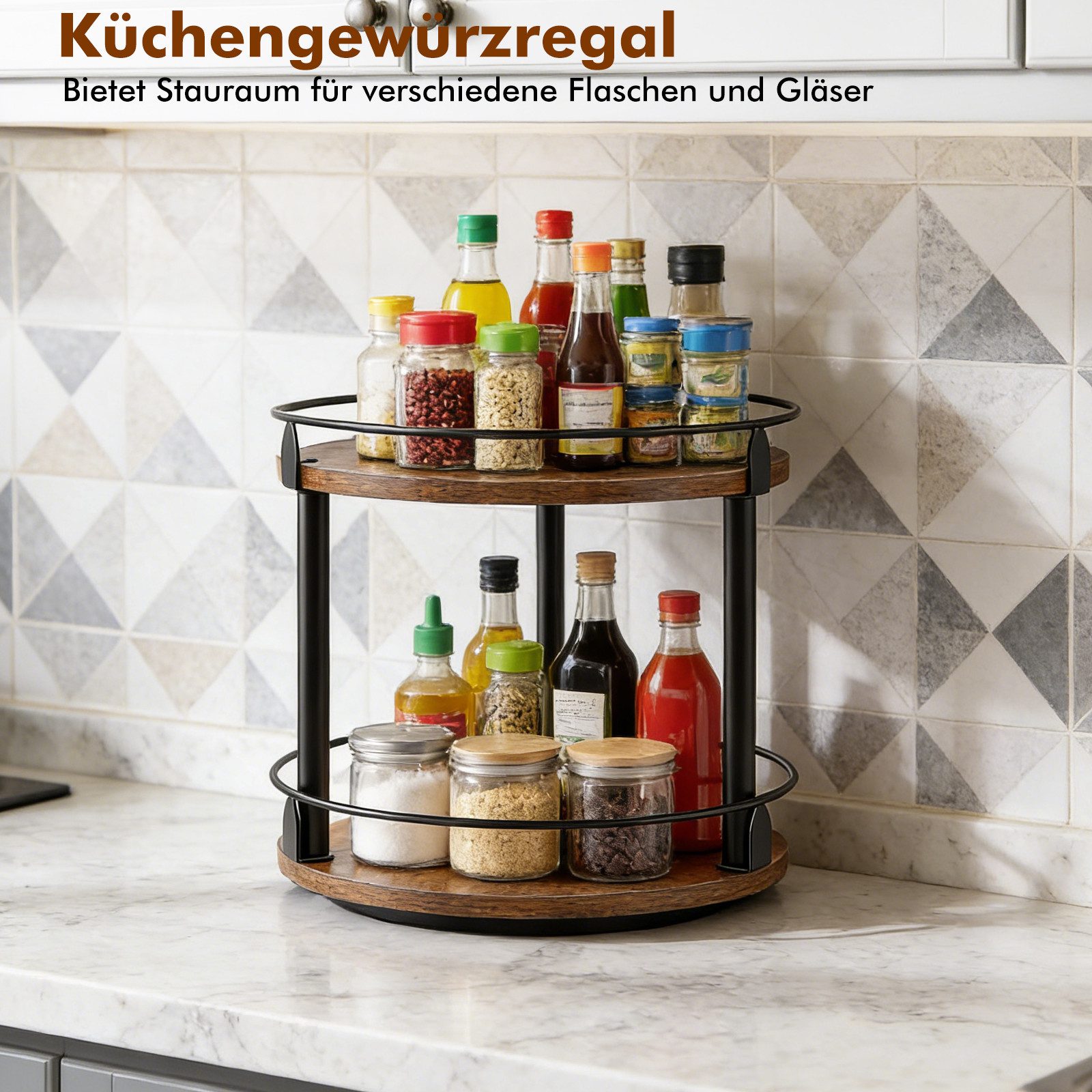 BlingBin Gewürzregal 360° Drehbar 2-Etagen Organizer Küchenregal, Gewürzständer, 1er Set 1-tlg., Lazy Susan mit Drehscheibe für Küchentheke, Esstisch, Speisekammer