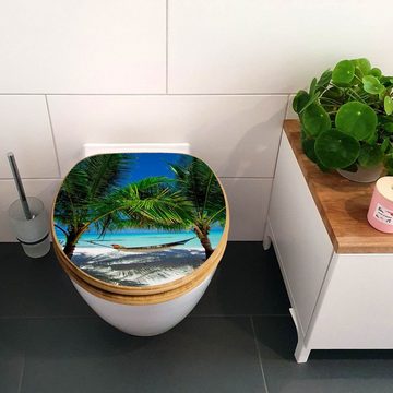 banjado WC-Sitz Bambus Motiv Strand (umweltfreundliches Material, Edelstahl Scharniere), 44 x 38 x 5 cm