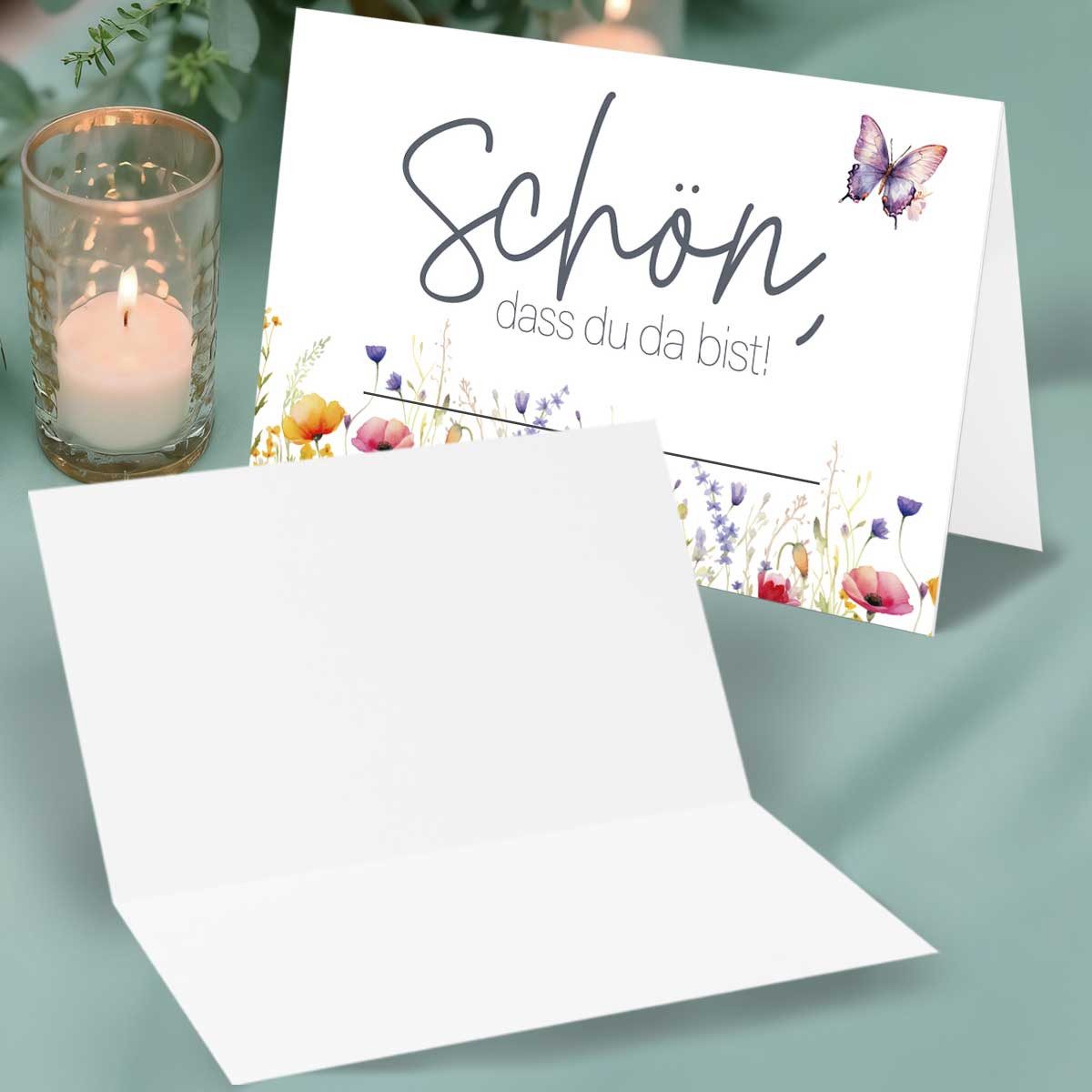 Funke & Brand Grußkarten 50x Tischkarten Floral Butterfly Wildblumen Design