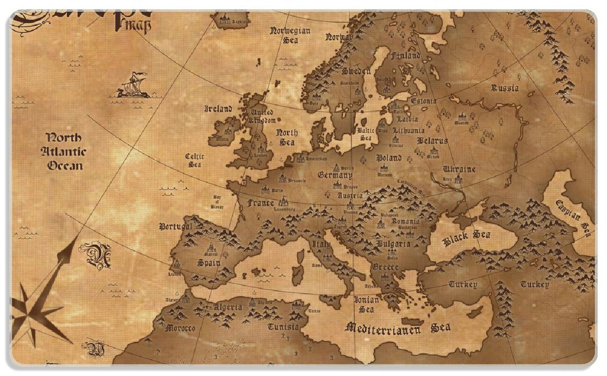 Wallario Frühstücksbrett Alte Weltkarte Karte von Europa in englisch, ESG-Sicherheitsglas, (inkl. rutschfester Gummifüße 4mm, 1-St), 14x23cm