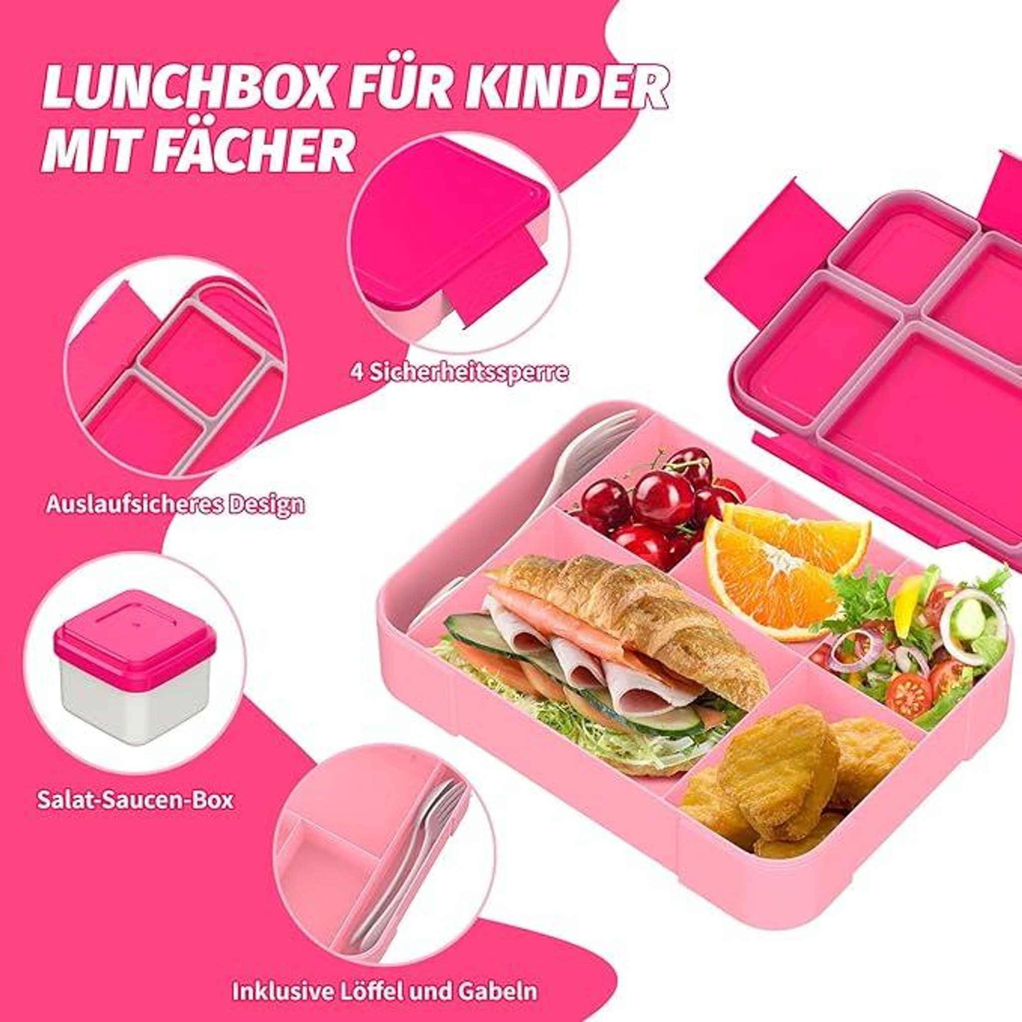 FELIXLEO Lunchbox Brotdose Kinder auslaufsicher mit Fächern Rosa, (1-tlg) – Bild 4 von 5