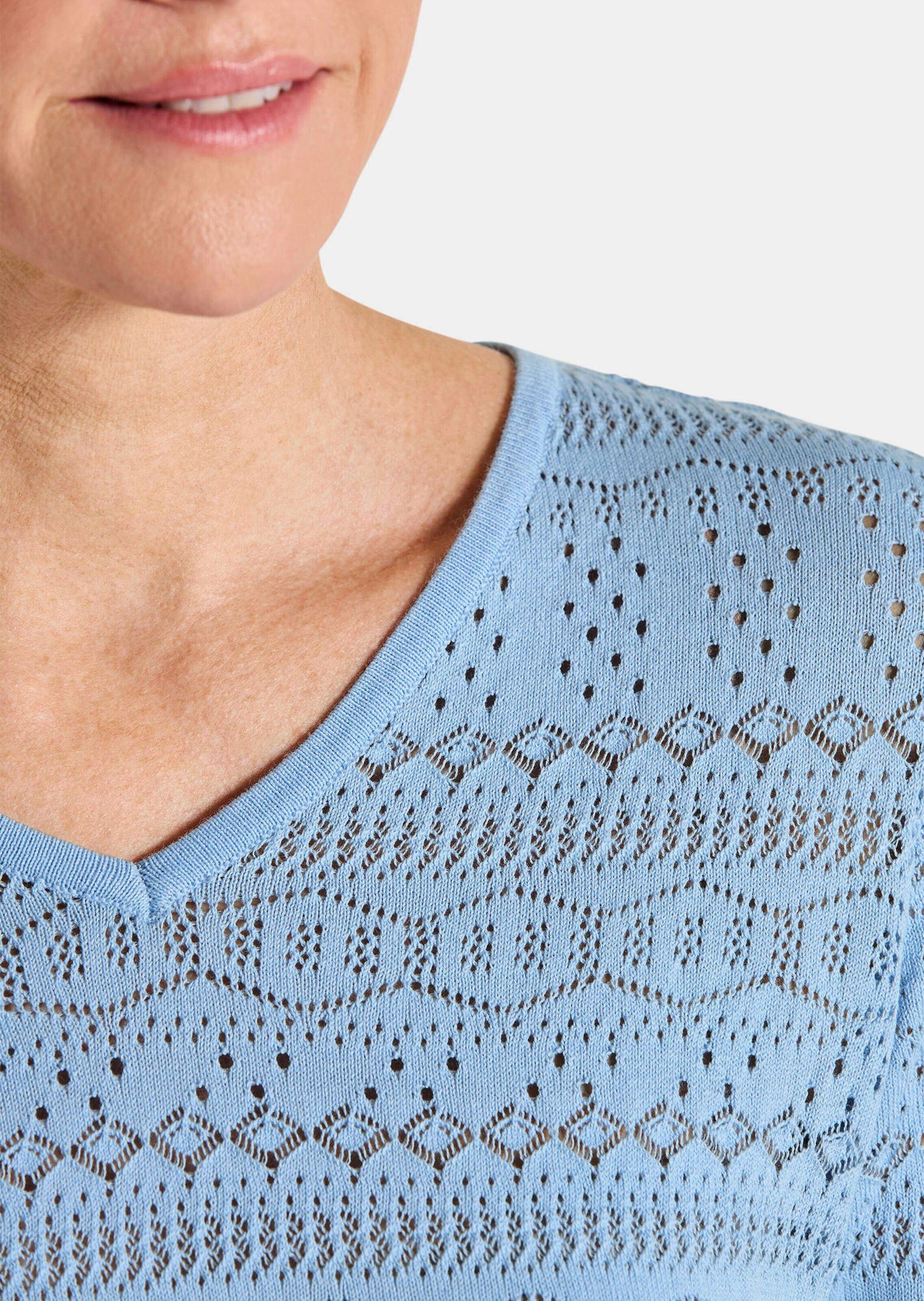 GOLDNER Strickpullover Kurzgröße: Sommerpullover mit V-Ausschnitt Baumwollpullover mit Ajourmuster, V-Ausschnitt und 3/4-Ärmeln