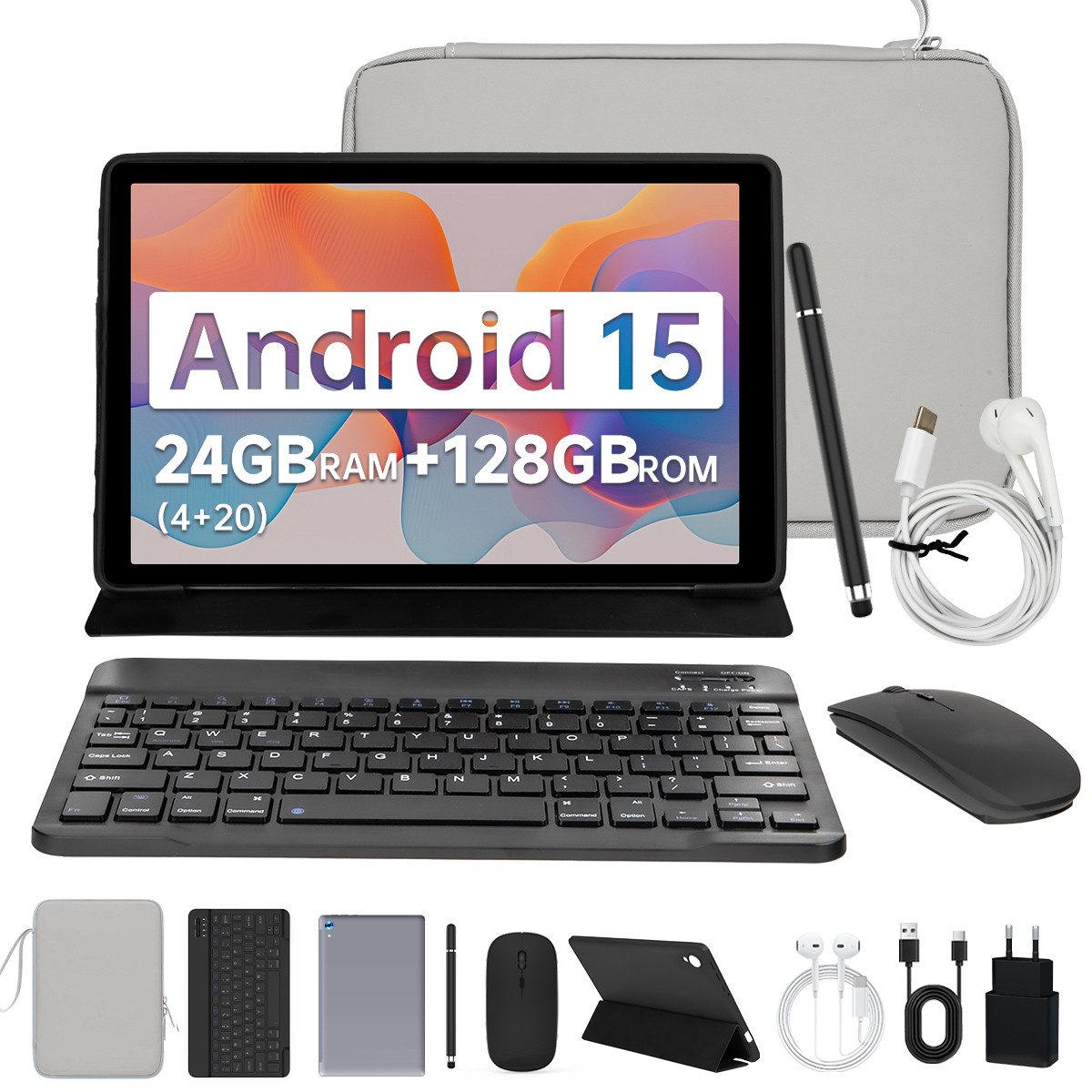 BUFO 10.1 Zoll Android, 4GB/6GB+128GB, 1280x800 HD, incl. Hülle Set Tablet (10", 128 GB, Android 15, Octa core mit Tastatur, Stift, Maus, Hülle, Kopfhörer, WiFi 6 BT 5)